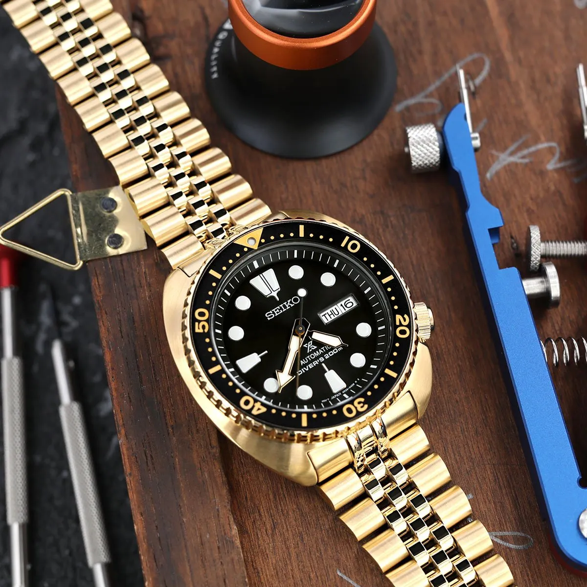 22mm Super-J Louis JUB Watch Band for Seiko New Turtles SRP777 SRP775 SRPA21 (PADI), Stainless Steel - Full IP Gold, Polished Center Links, V Diver Clasp