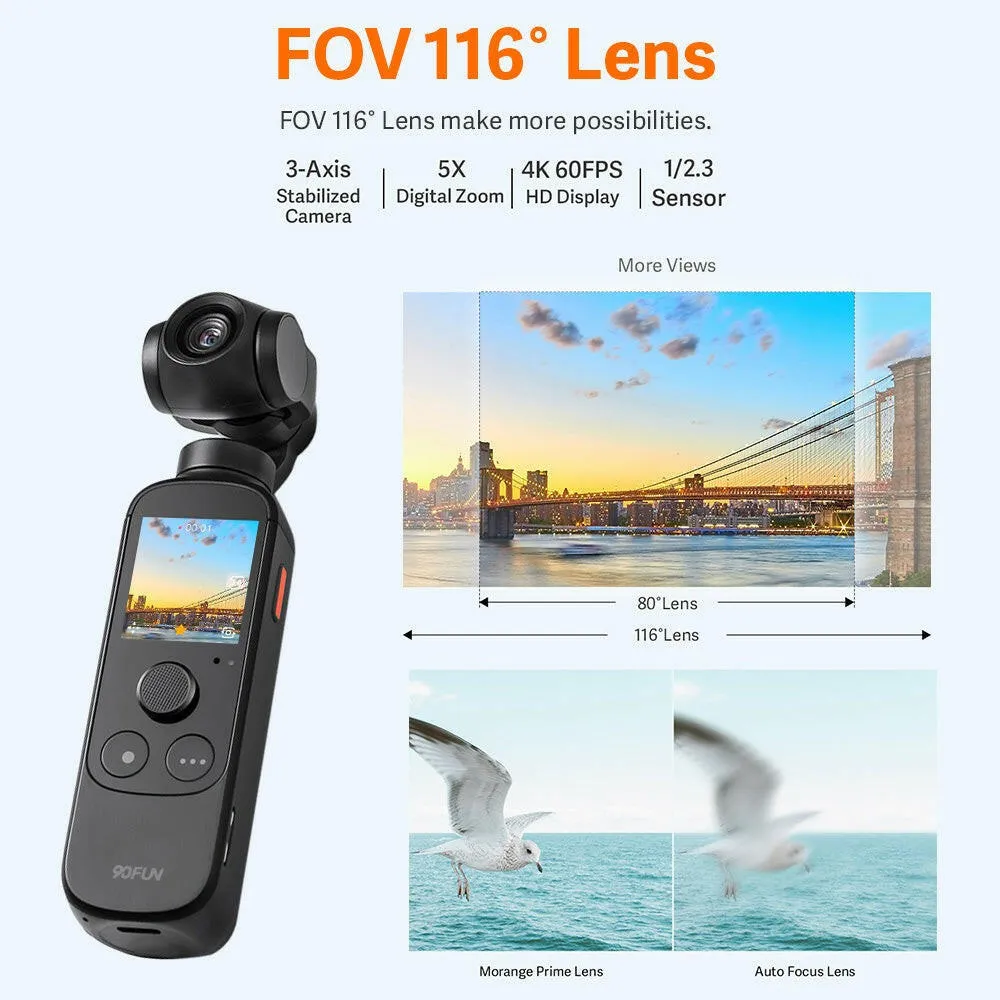 90FUN Capture 1 Vlogging Camera Handheld 3-Axis Stabilized Gimbal Vlog Camera One-click Editing AI Smart Tracking 4K/60fps Video 116°  Wide Angle Lens Built-in Battery Multiple Modes Pocket-Sized