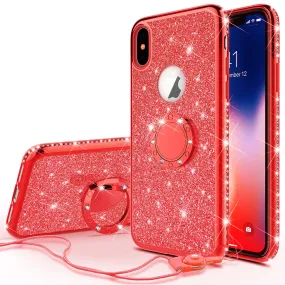 Apple iPhone XS Max , Apple A1921 Case, Glitter Cute Phone Case Girls with Kickstand,Bling Diamond Rhinestone Bumper Ring Stand Sparkly Luxury Clear Thin Soft Protective Apple iPhone XS Max Case for Girl Women - Red