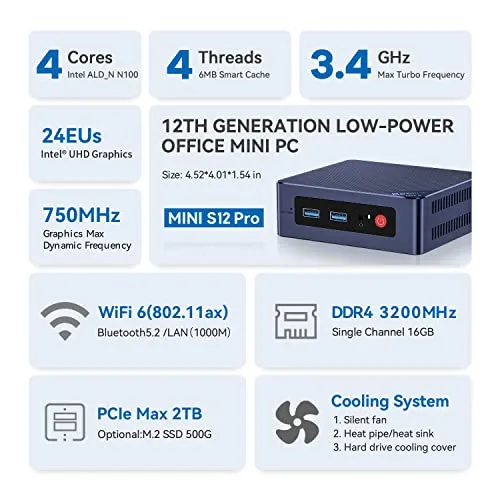 Beelink S12 Pro Mini PC, Intel 12th Gen Alder Lake- N100(up to 3.4GHz), 8GB DDR4 RAM 256GB M.2 SSD, Desktop Computer Support 4K Dual Display/USB3.2/WiFi 6/BT5.2/Gigabit Ethernet for Home/Office