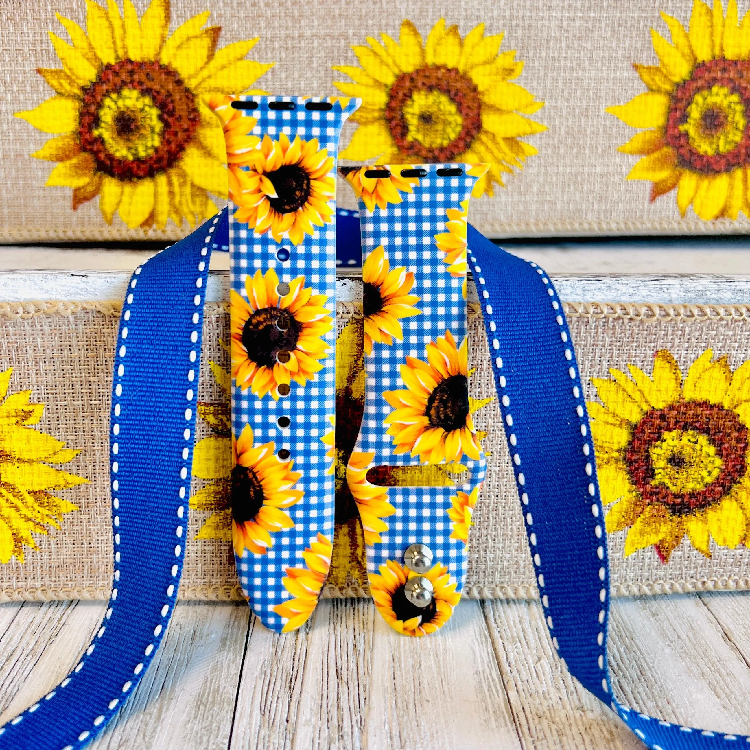 Blue Gingham Sunflower Print Silicone Band For Apple Watch