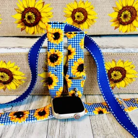 Blue Gingham Sunflower Print Silicone Band For Apple Watch