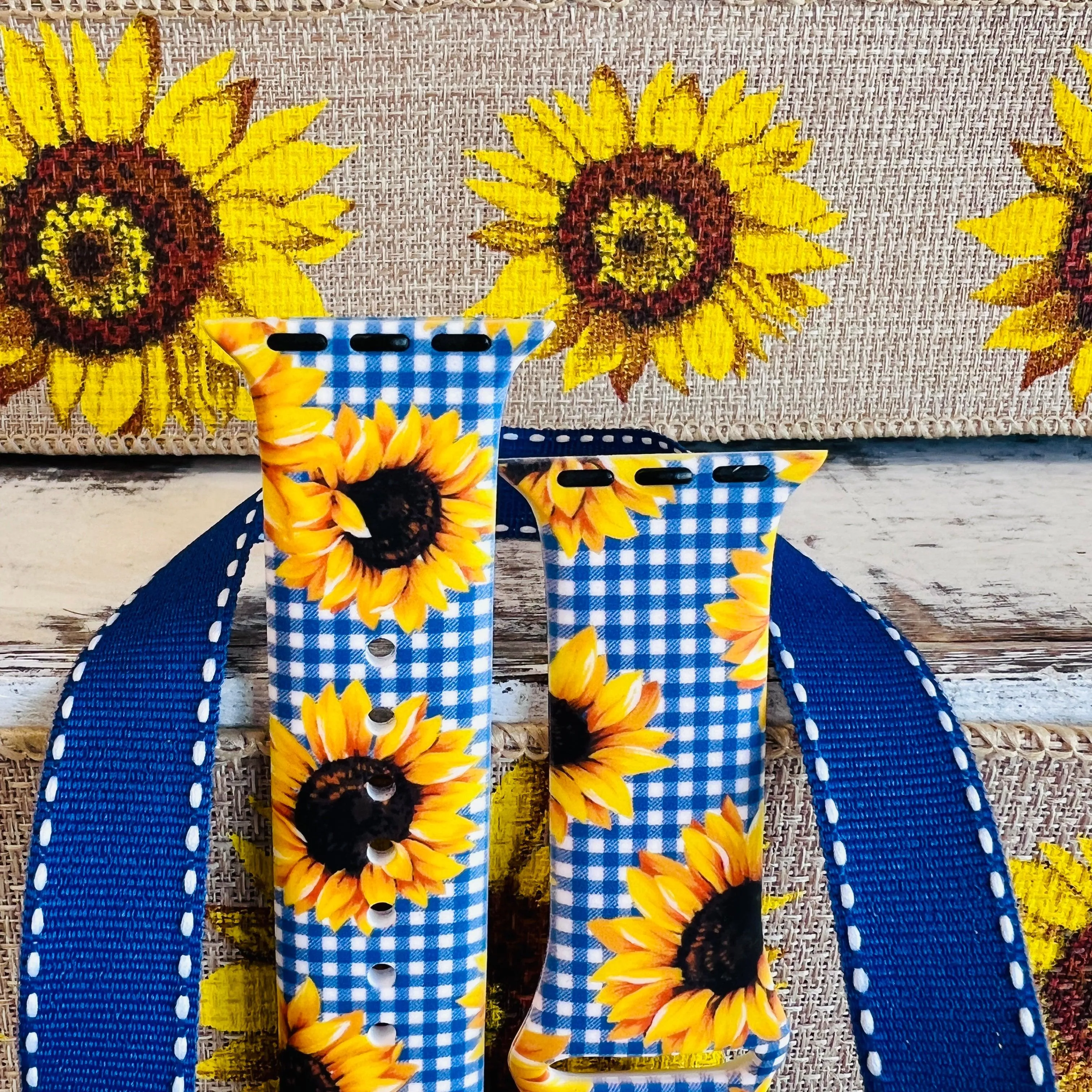 Blue Gingham Sunflower Print Silicone Band For Apple Watch