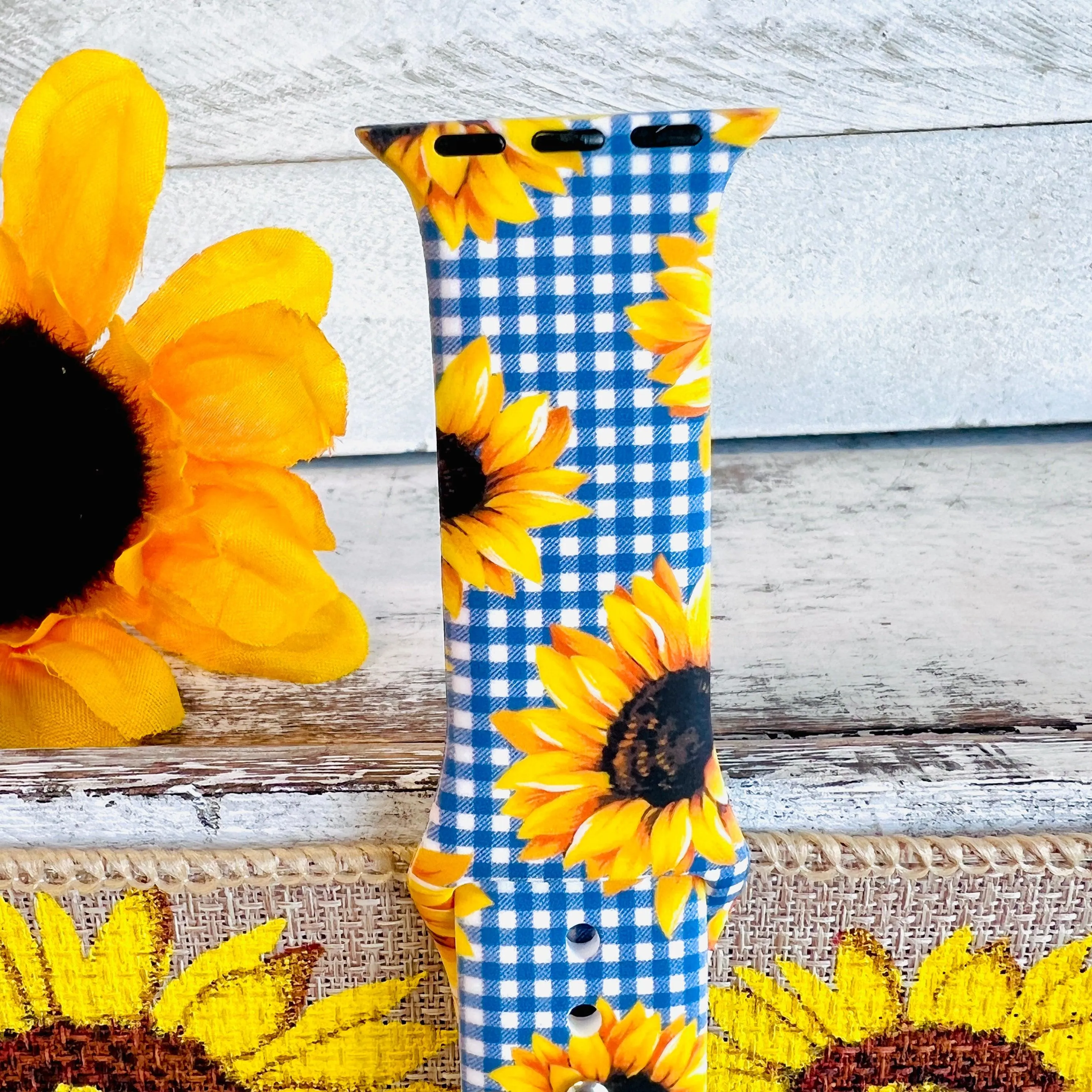 Blue Gingham Sunflower Print Silicone Band For Apple Watch