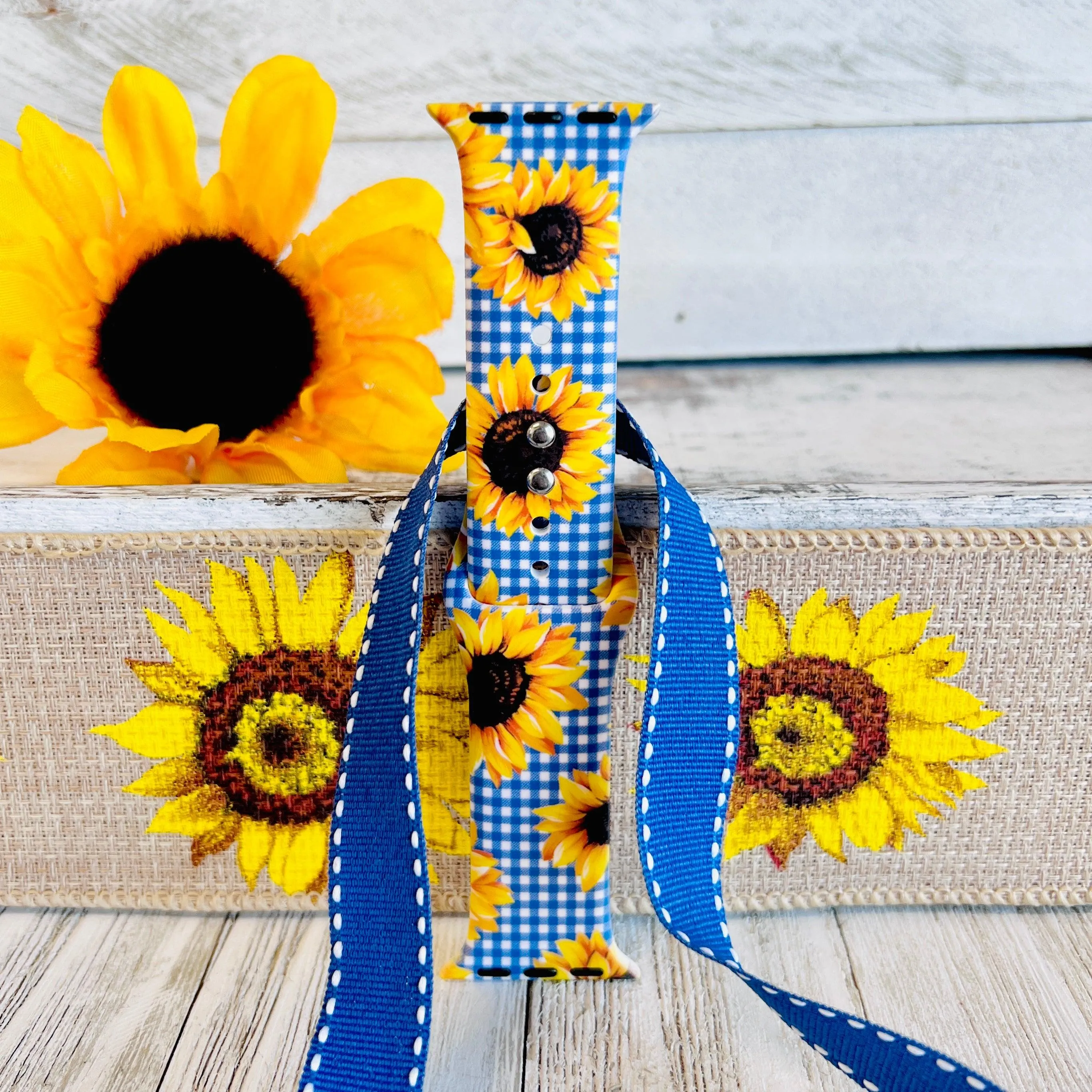 Blue Gingham Sunflower Print Silicone Band For Apple Watch