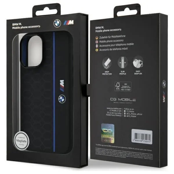 BMW M Series Silicone Hexagon Blue Line Case with MagSafe for iPhone 16 6.1" Black - BMHMP16S23SHEB