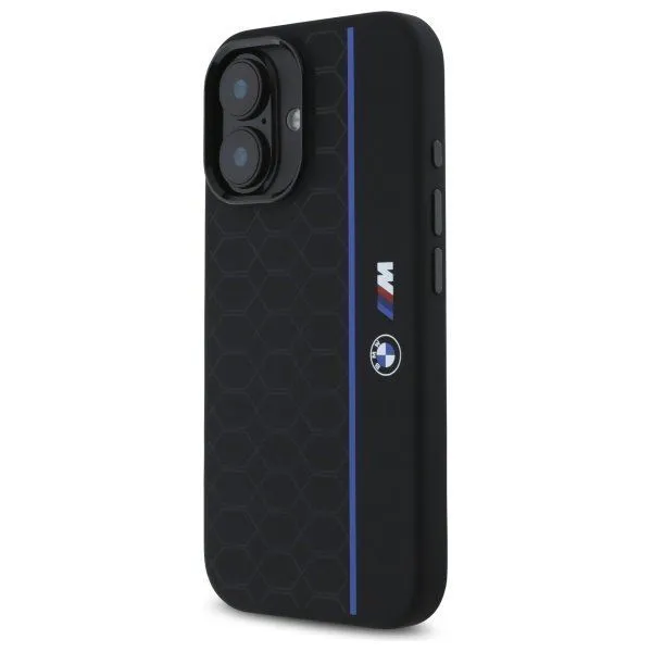 BMW M Series Silicone Hexagon Blue Line Case with MagSafe for iPhone 16 6.1" Black - BMHMP16S23SHEB