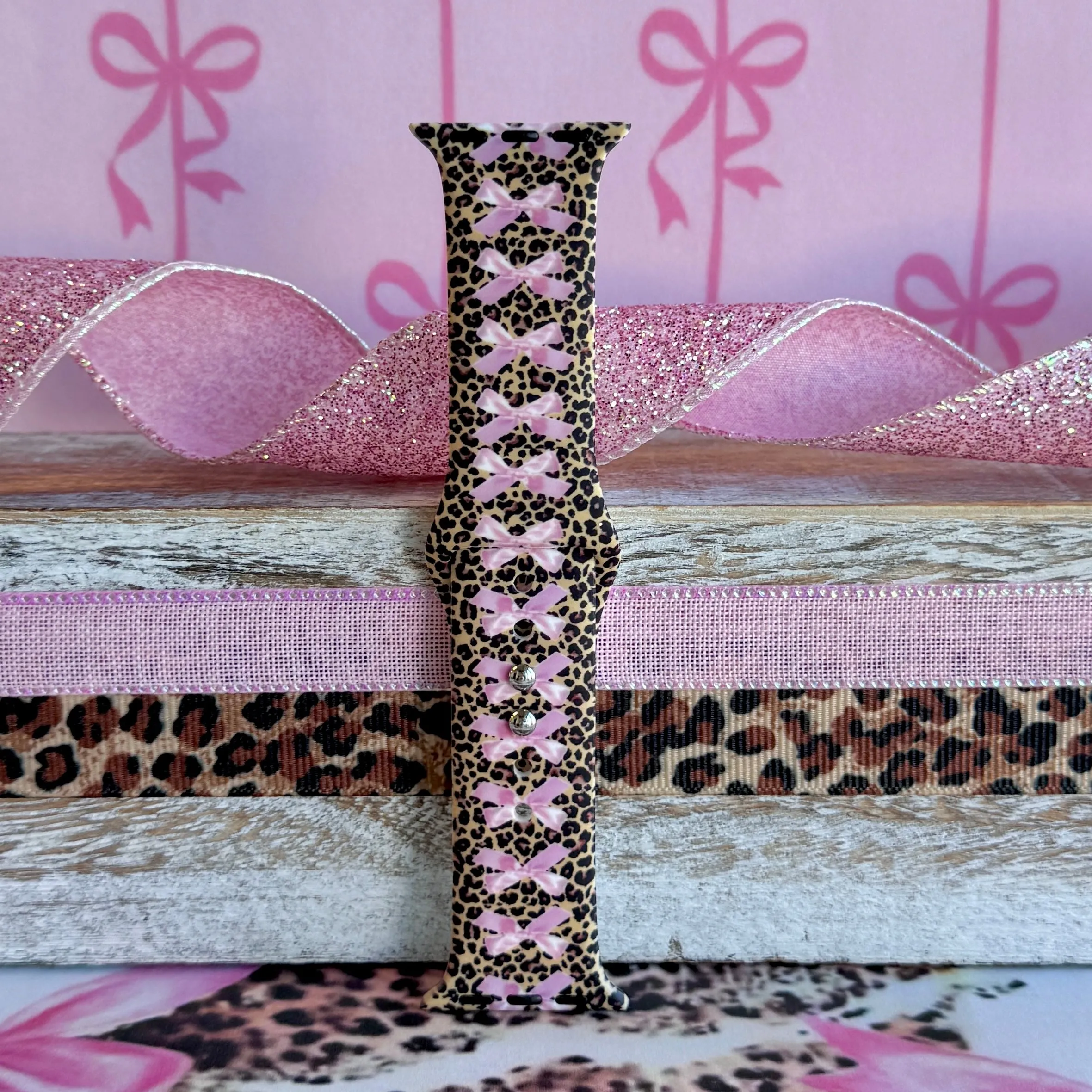 Bows On Leopard Print Silicone Band For Apple Watch