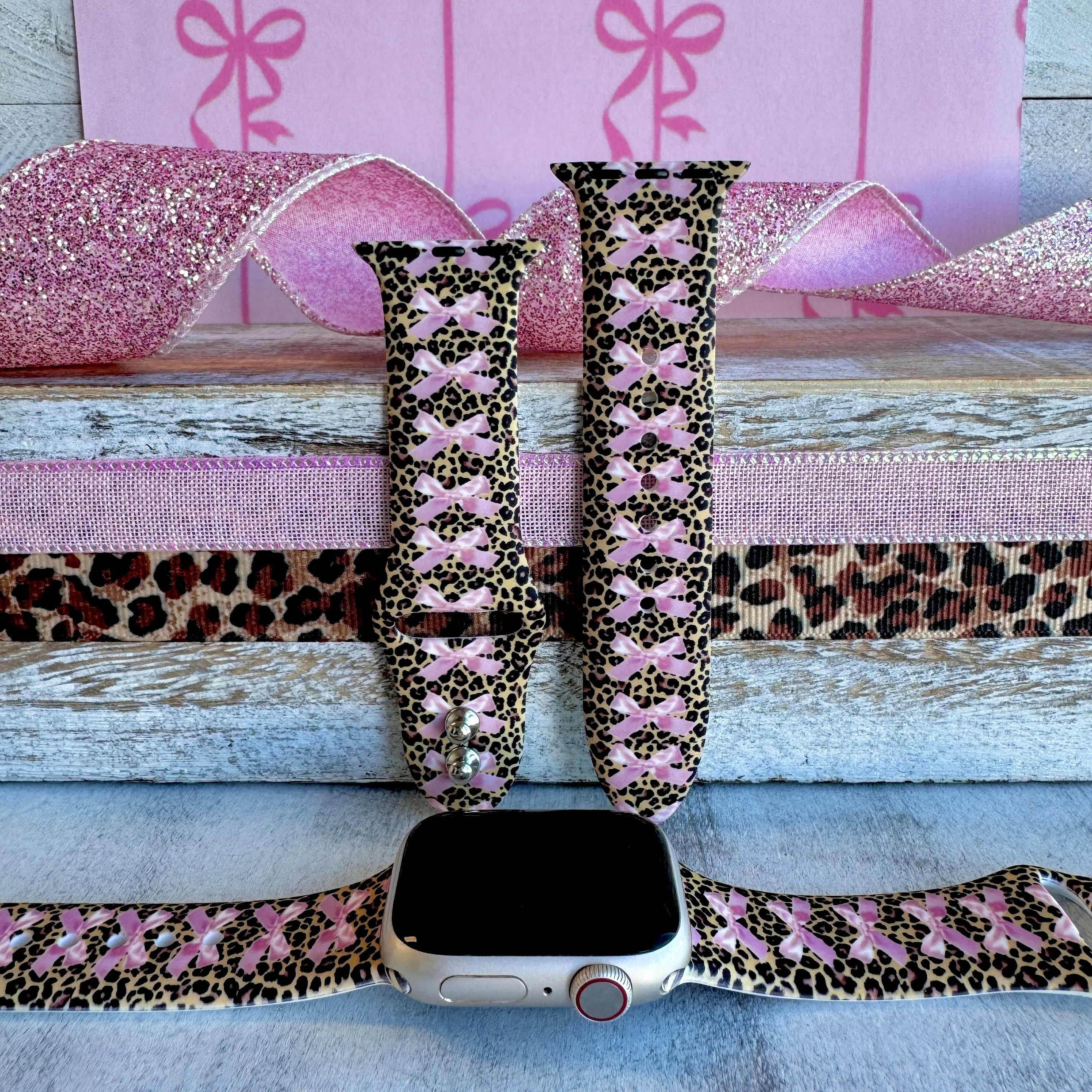 Bows On Leopard Print Silicone Band For Apple Watch