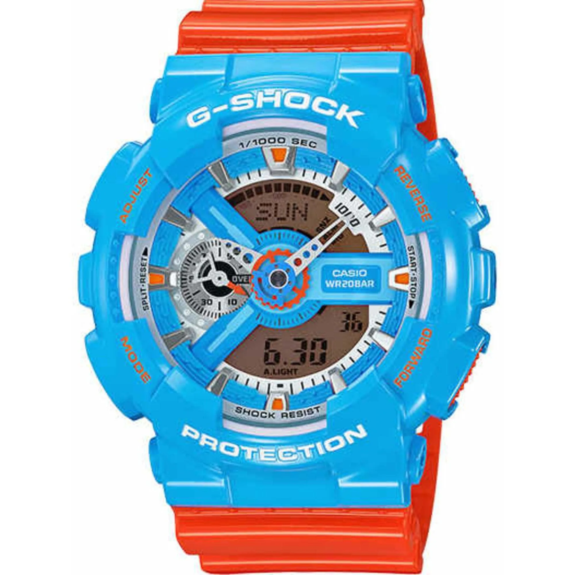 Casio Men's Watch - G-Shock Alarm Blue Case Orange Resin Strap | GA-110NC-2ACR