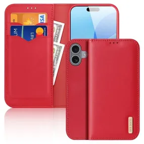 DUX DUCIS Genuine Real Leather Flip RFID Wallet Case for Apple iPhone 16 Plus - Red