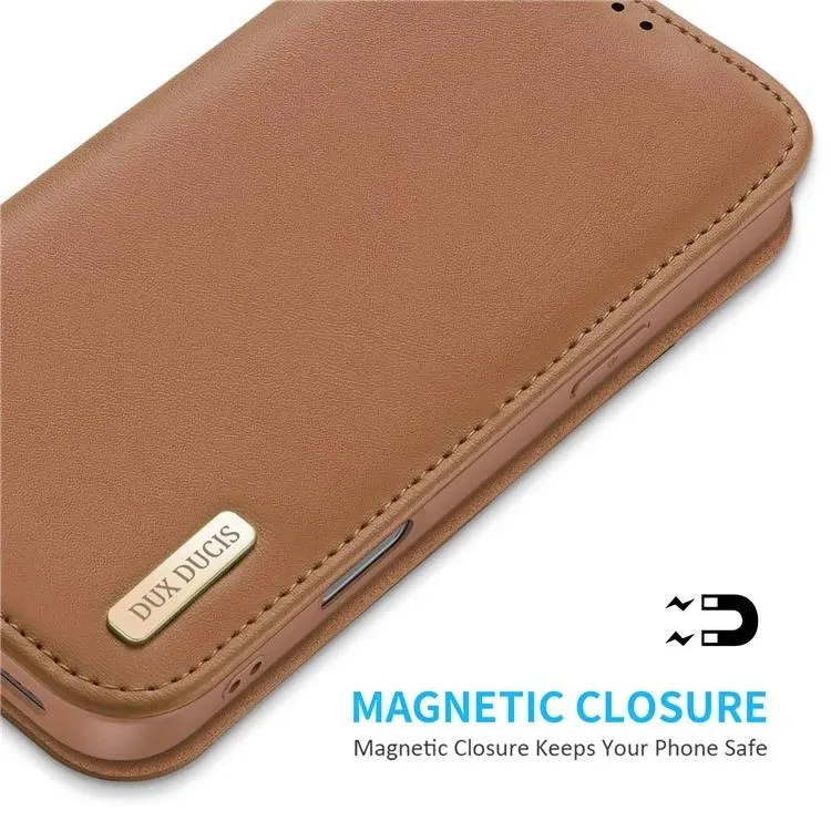 DUX DUCIS Genuine Real Leather Flip RFID Wallet Case for Apple iPhone 16 Pro - Brown