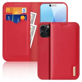 DUX DUCIS Genuine Real Leather Flip RFID Wallet Case for Apple iPhone 16 Pro Max - Red