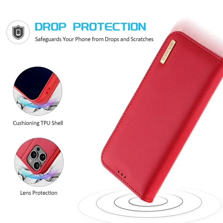 DUX DUCIS Genuine Real Leather Flip RFID Wallet Case for Apple iPhone 16 Pro Max - Red