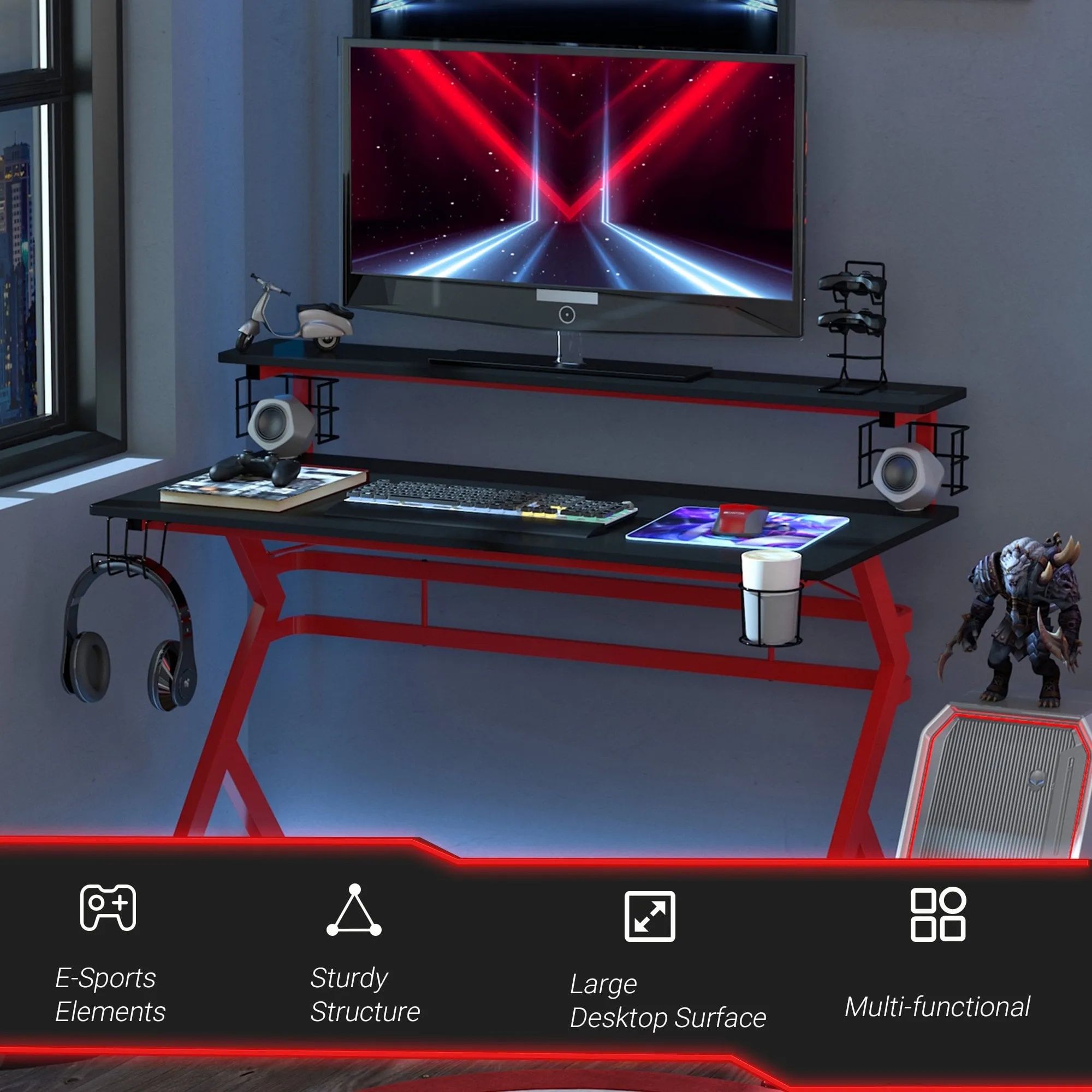 Gaming Desk Computer Table Ergonomics Workstation for Home Office with Cup & Speaker &Game Controller Holder Headphone Hook 120cm x 60cm x 96.5cm Black and Red Des CD Rack