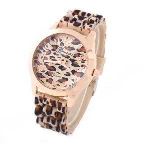 Geneva Fashion Casual Watch Leopard gold color Rubber Band Women Wristwatches Analog Ladies Quartz watch