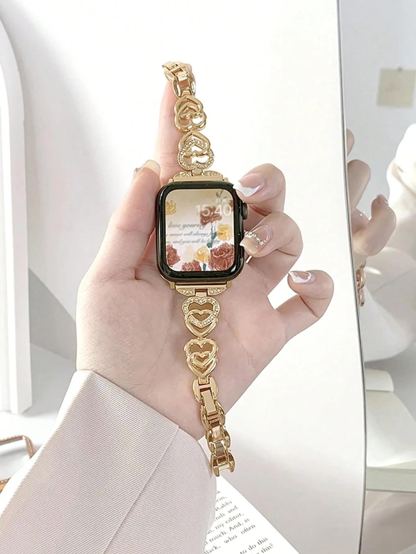 Gold apple watch band|Rhinestone Heart Decor Watchband Compatible With Apple Watch