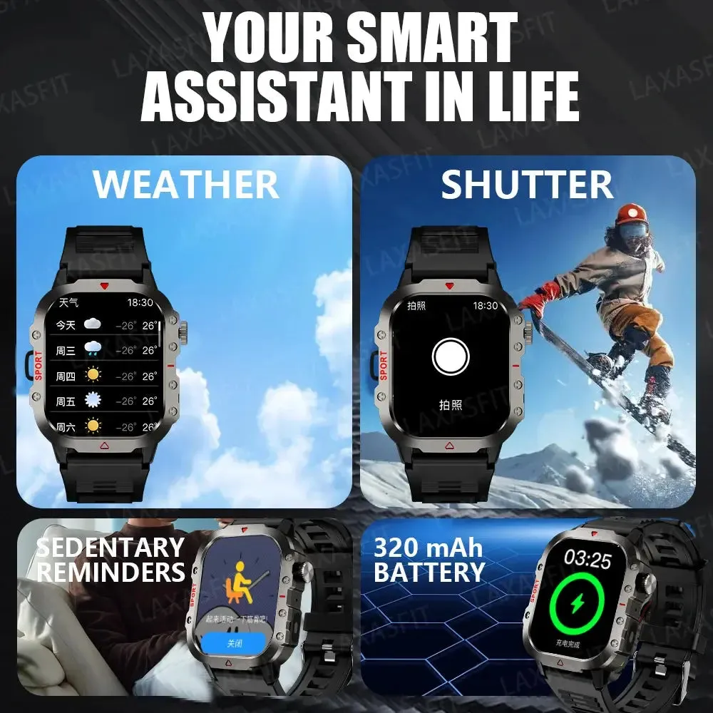 LAXASFIT Outdoor Sports Smart Watch 2.01 inch HD Screen LED Flashlight Bluetooth Talking Smart Watch for Men Women Holiday Gifts