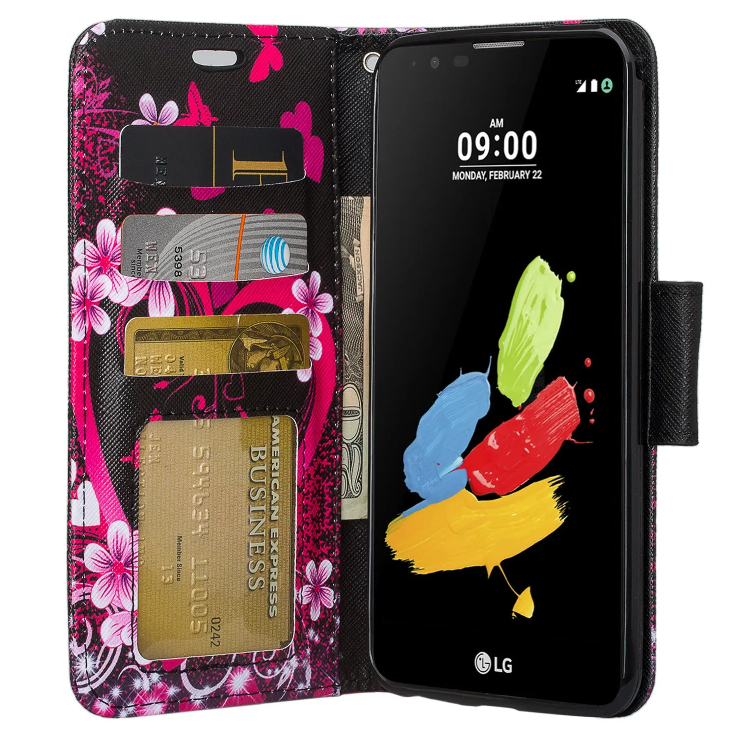 LG Stylo 3 Case, LG Stylus 3 Wrist Strap Pu Leather Magnetic Flip Fold[Kickstand] Wallet Case with ID & Card Slots - Heart Butterflies