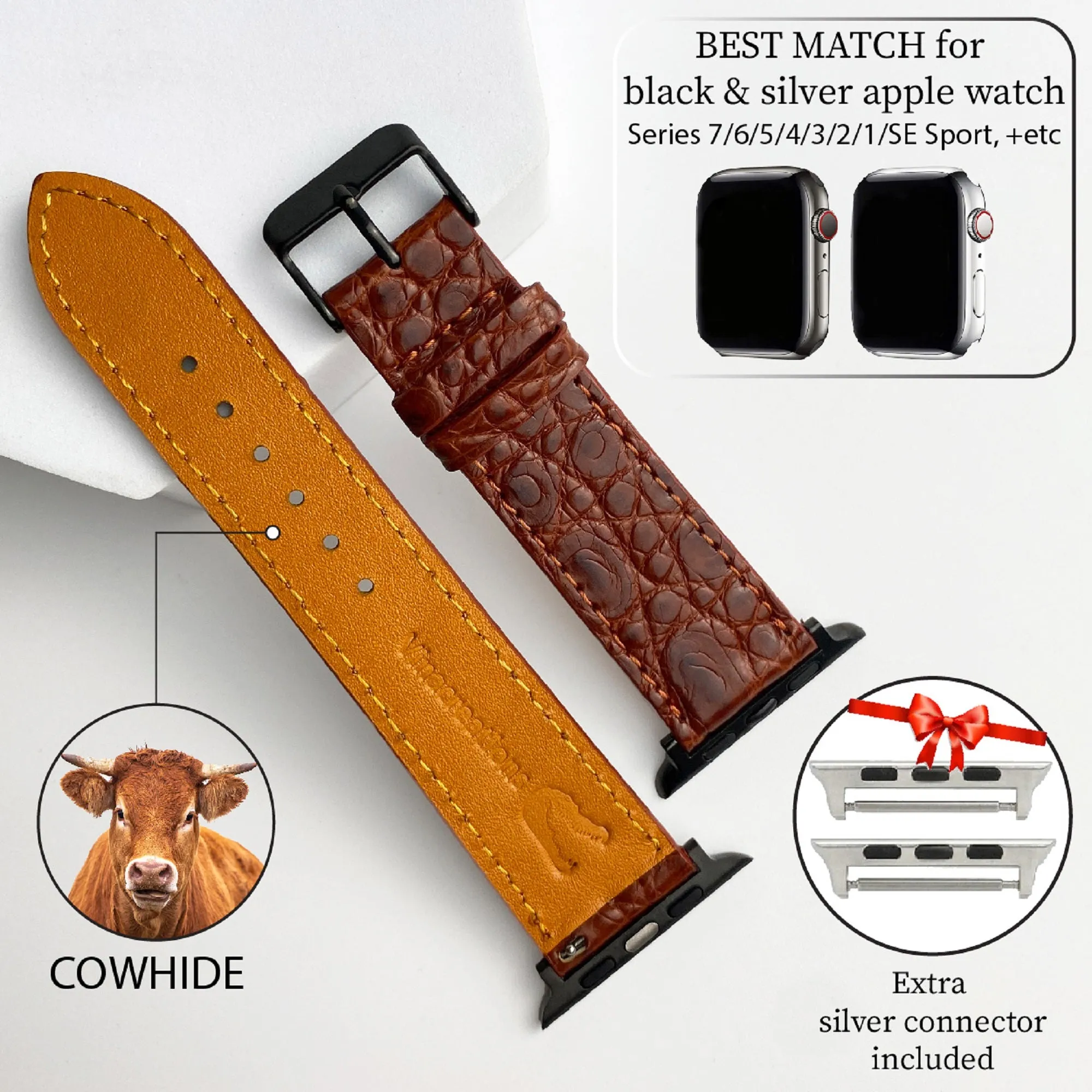 Light Brown Flat Alligator Leather Strap For Apple Watch Ultra Series 8 7 6 5 4 3 SE | AW-25