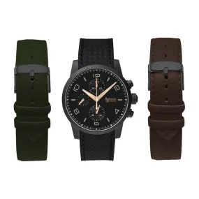 Men's Black Case Watch with Olive, Black and Brown Interchangeable Straps