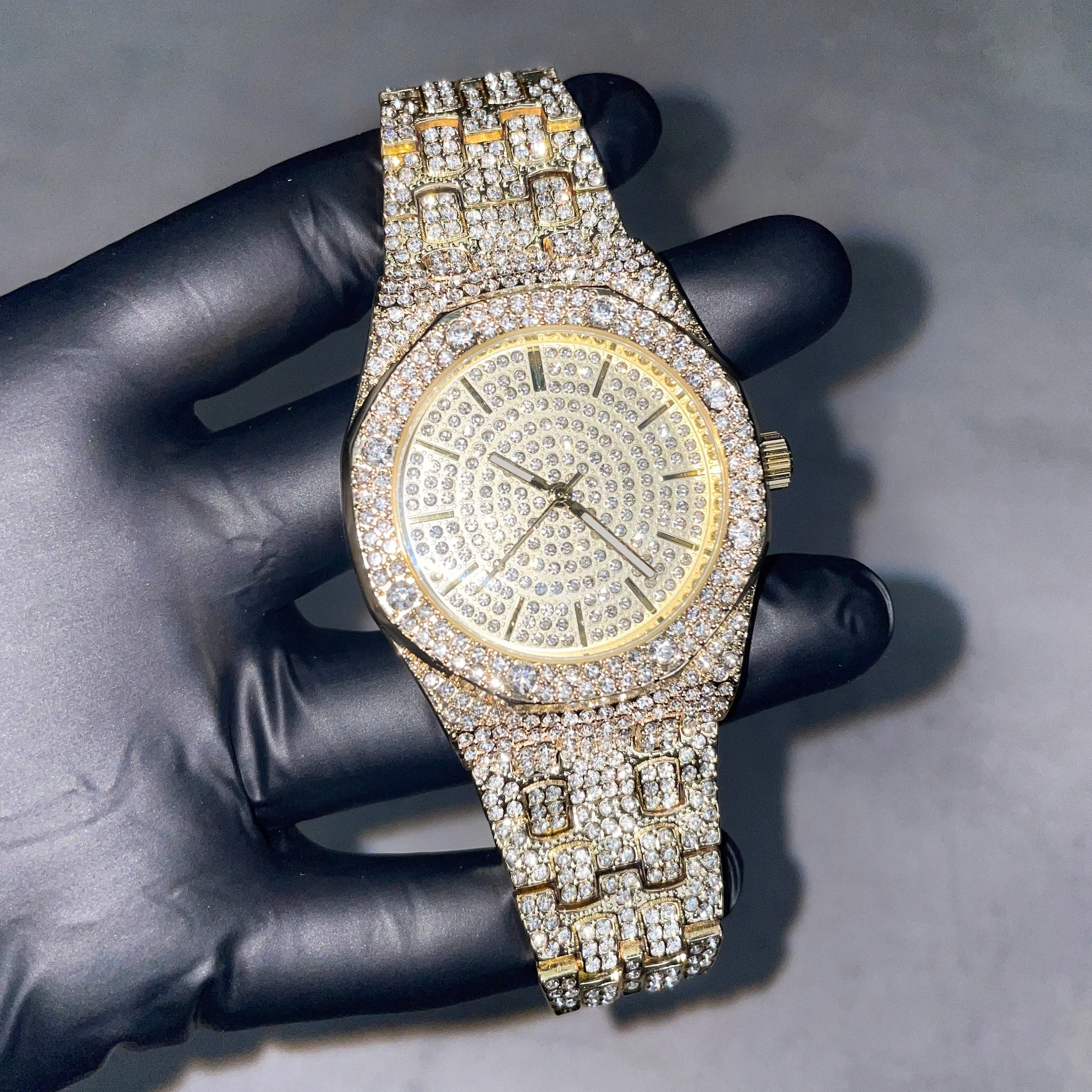 Men's Iced Out Diamond Watch 40mm - Octagon Bezel, Diamond-Encrusted Dial, Adjustable Band - Quartz Movement