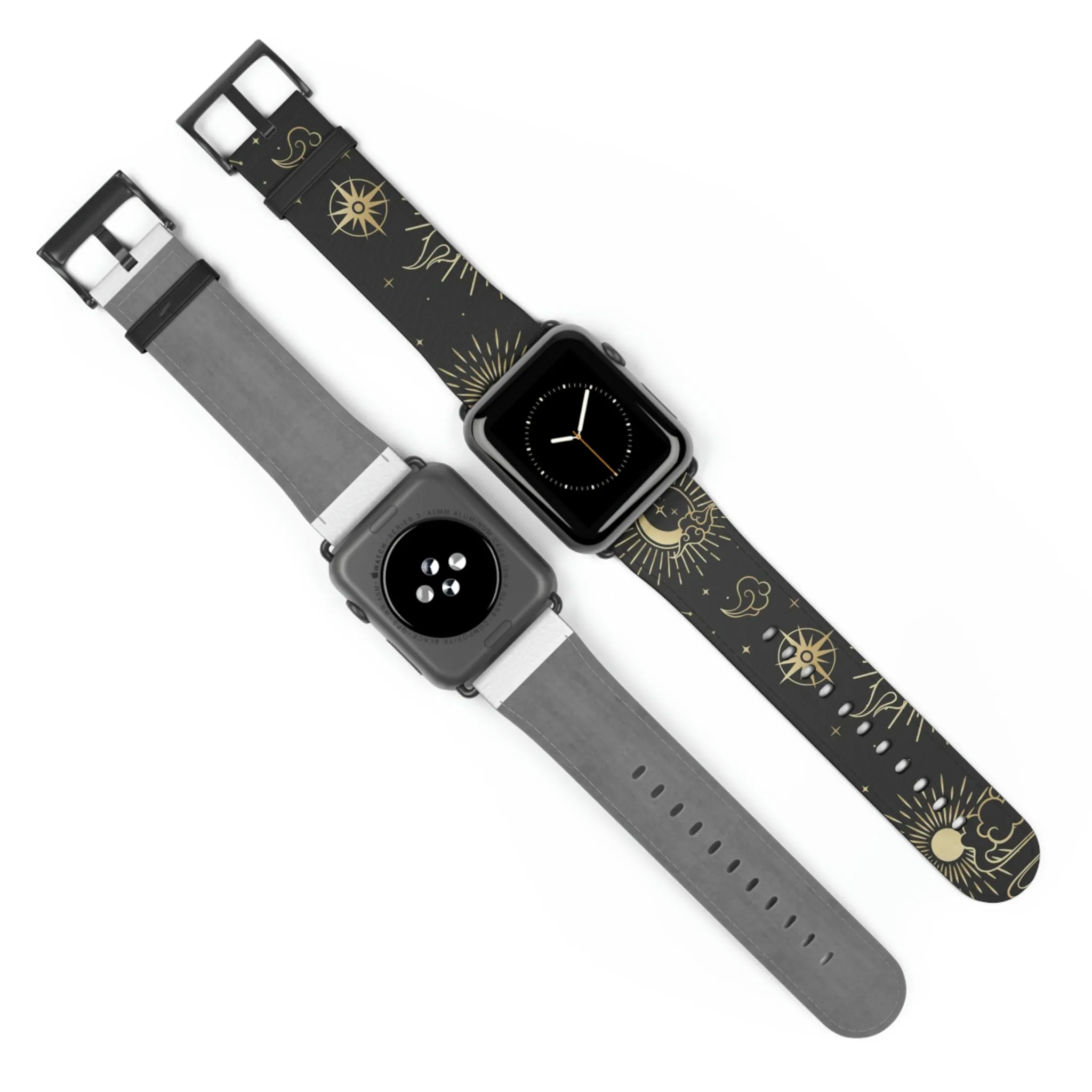 Moon Stars Apple Watch Wrist Band, Black Witchy Celestial Vegan Faux Leather Straps 38mm 40mm 42mm 45mm Series 4 5 6 7 8 9 SE Ultra Women