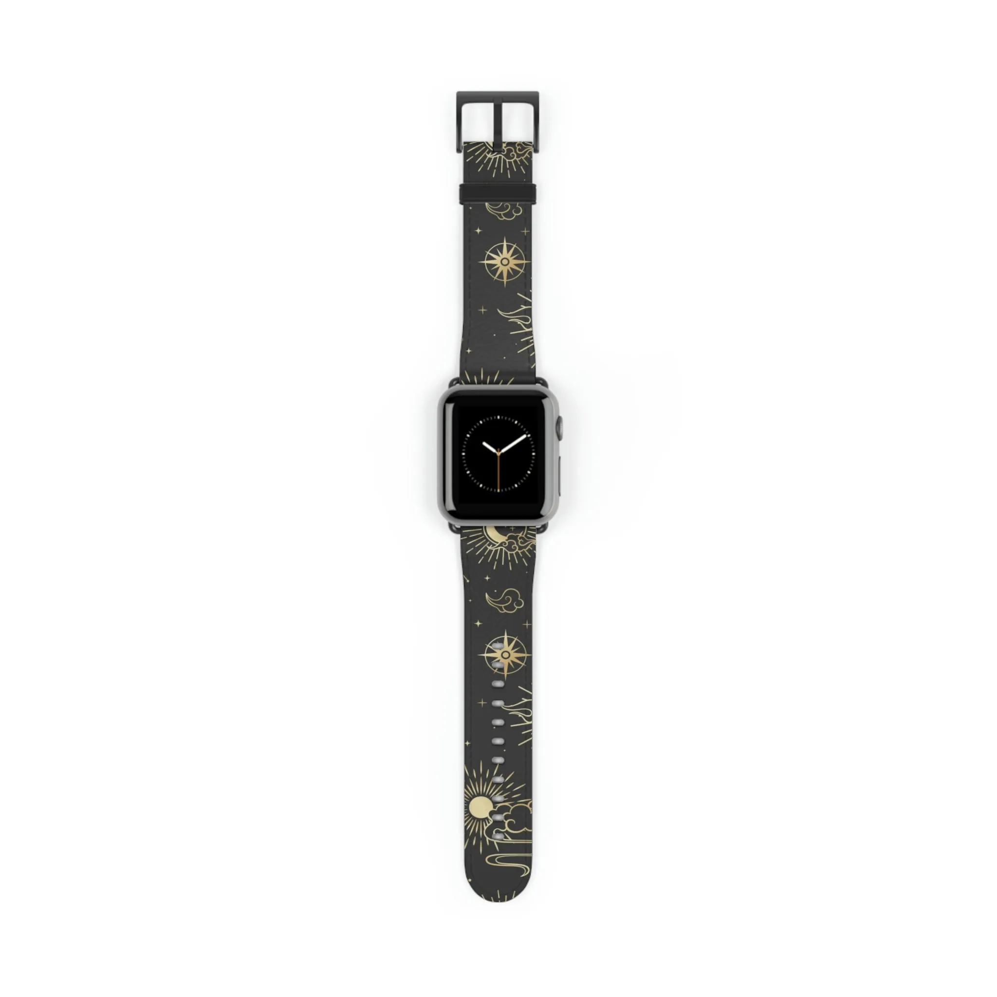 Moon Stars Apple Watch Wrist Band, Black Witchy Celestial Vegan Faux Leather Straps 38mm 40mm 42mm 45mm Series 4 5 6 7 8 9 SE Ultra Women