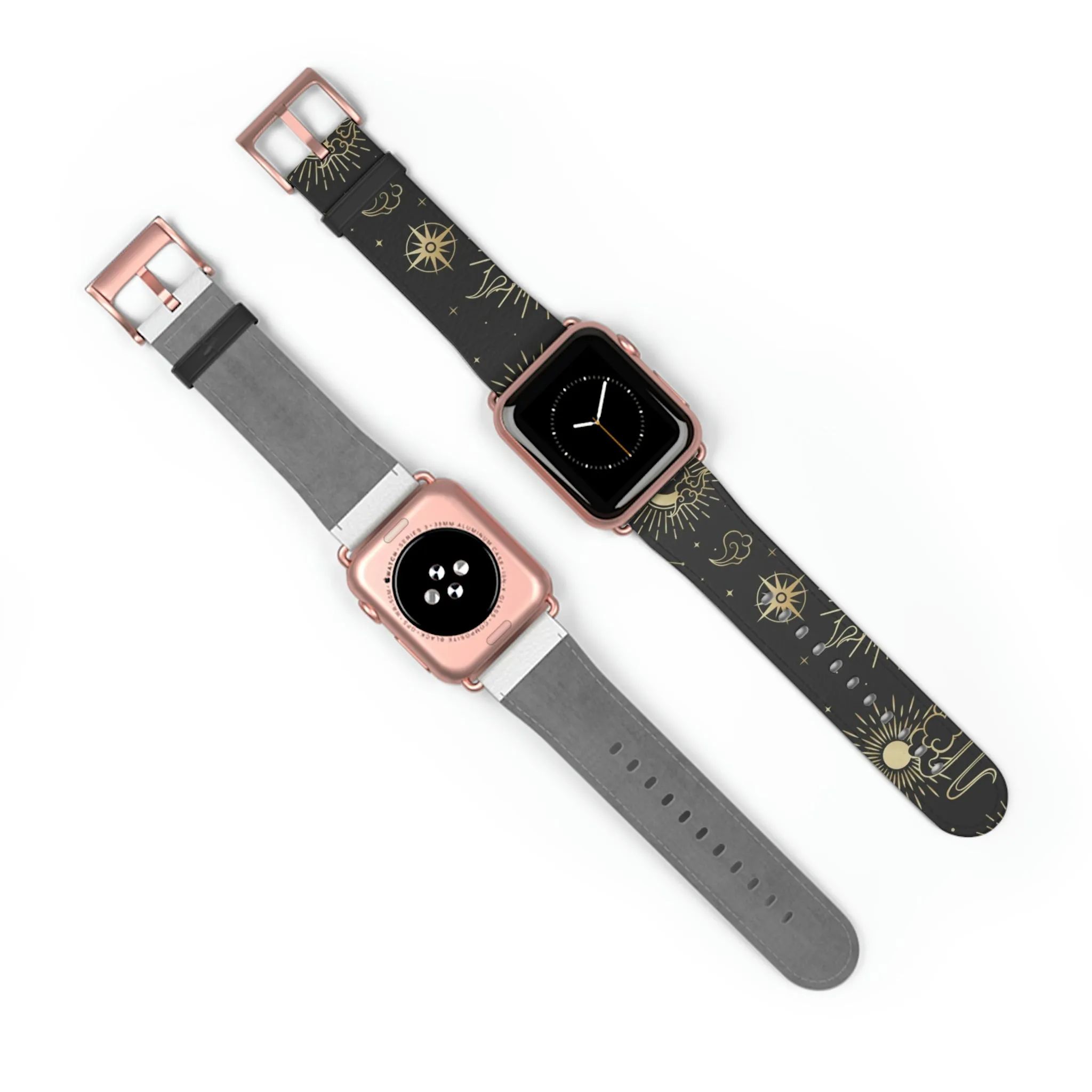 Moon Stars Apple Watch Wrist Band, Black Witchy Celestial Vegan Faux Leather Straps 38mm 40mm 42mm 45mm Series 4 5 6 7 8 9 SE Ultra Women