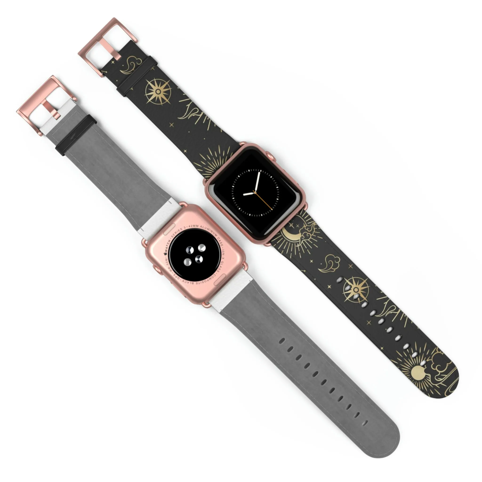 Moon Stars Apple Watch Wrist Band, Black Witchy Celestial Vegan Faux Leather Straps 38mm 40mm 42mm 45mm Series 4 5 6 7 8 9 SE Ultra Women