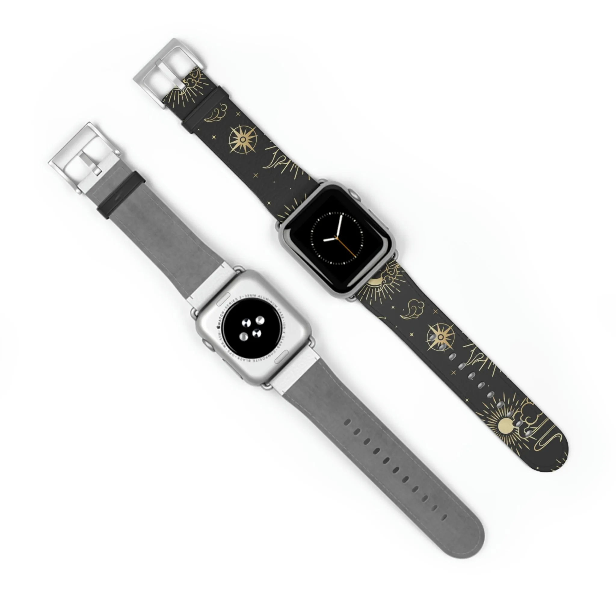 Moon Stars Apple Watch Wrist Band, Black Witchy Celestial Vegan Faux Leather Straps 38mm 40mm 42mm 45mm Series 4 5 6 7 8 9 SE Ultra Women