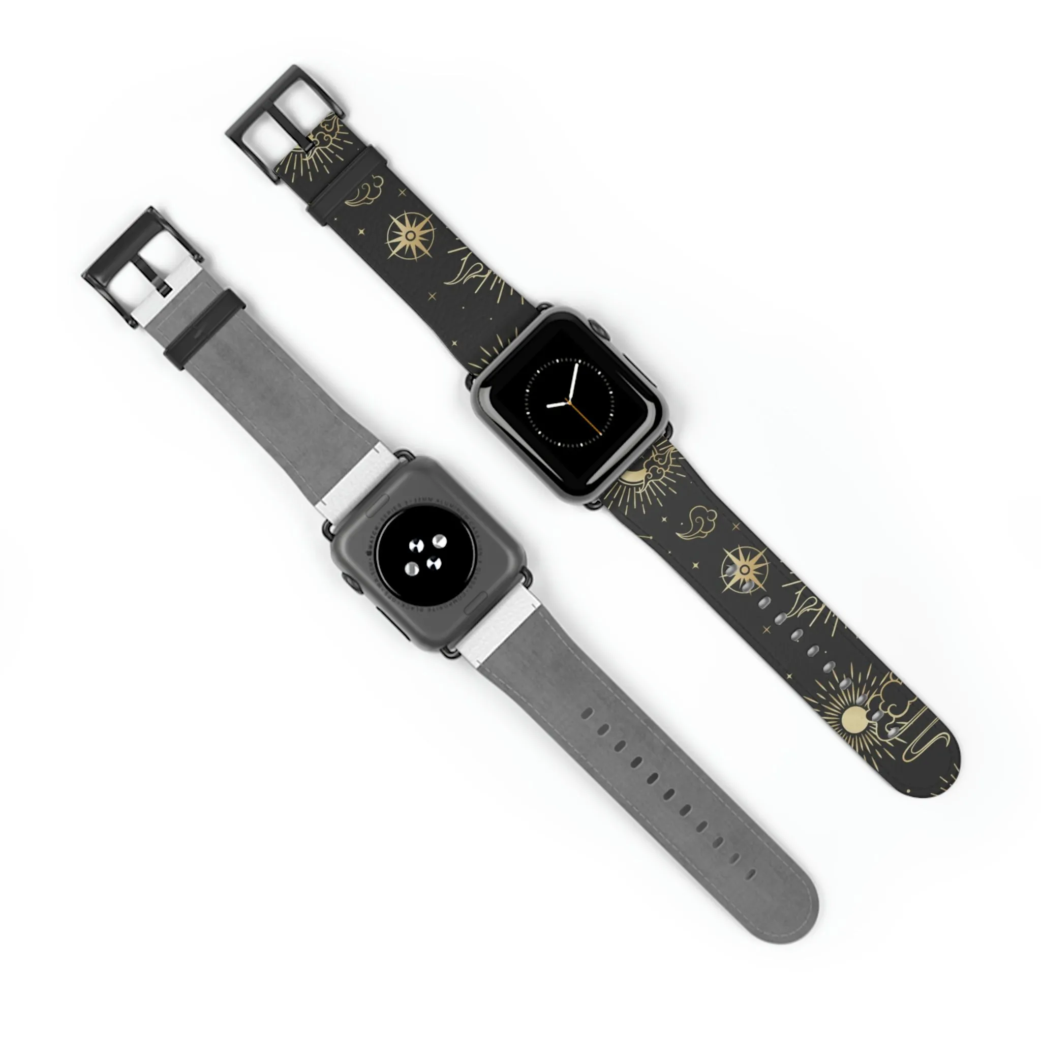 Moon Stars Apple Watch Wrist Band, Black Witchy Celestial Vegan Faux Leather Straps 38mm 40mm 42mm 45mm Series 4 5 6 7 8 9 SE Ultra Women