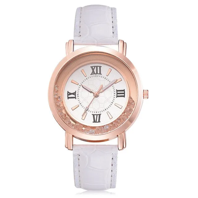 New ladies watch Rhinestone Leather Bracelet Wristwatch Women Fashion Watches Ladies Alloy Analog Quartz relojes @F