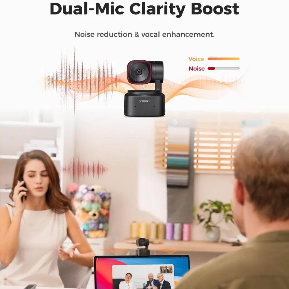 OBSBOT Tiny 2 Lite AI-Powered PTZ 4K Webcam with Intelligent Subject Tracking, Auto Zoom, Dual Omnidirectional Microphone with Adjustable Noise Cancellation, 2-Axis Gimbal, and Supports Windows and macOS for Computers & Laptops