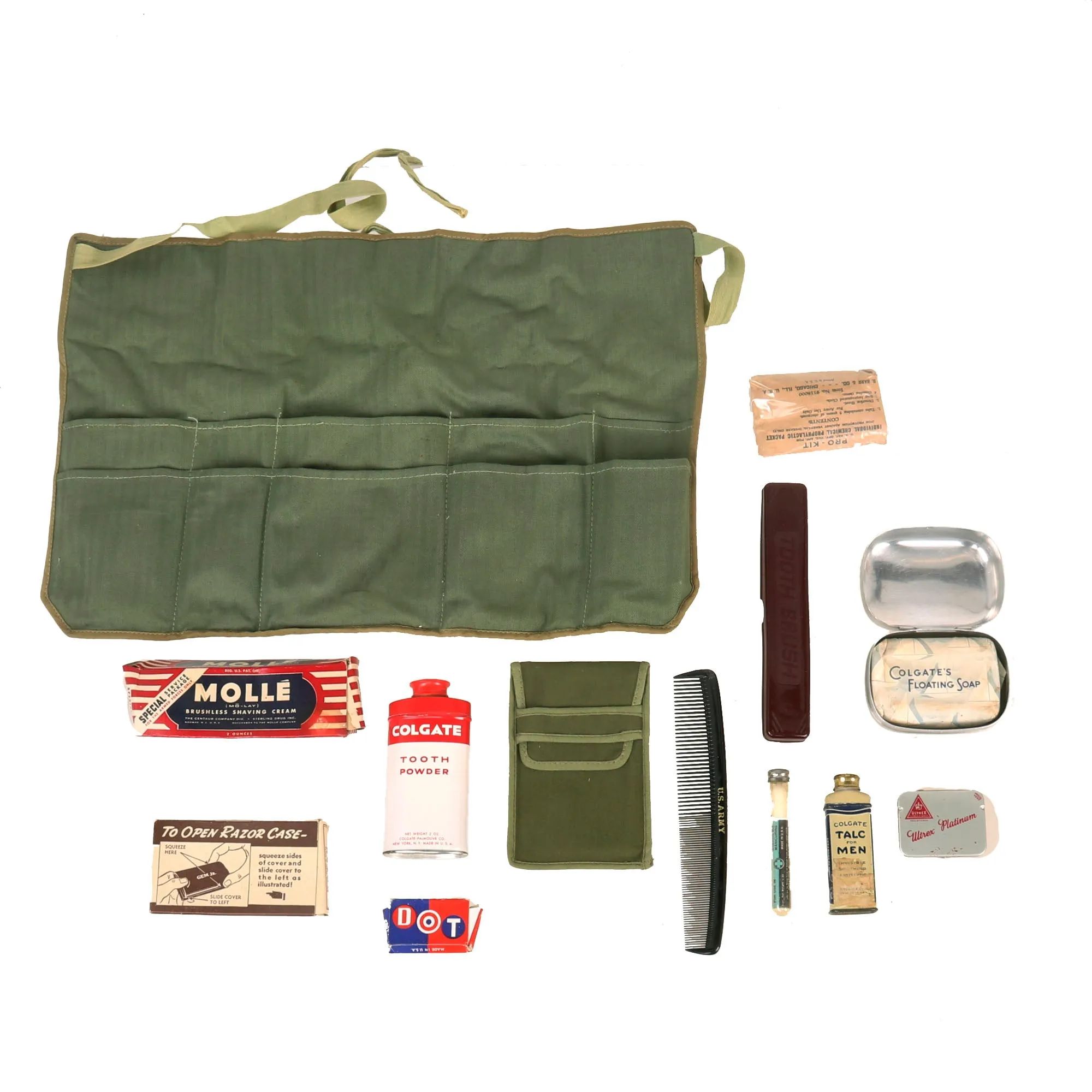 Original U.S. WWII Personal Effect Items Lot in Carrying Case - Tooth Powder & Hygiene Supplies