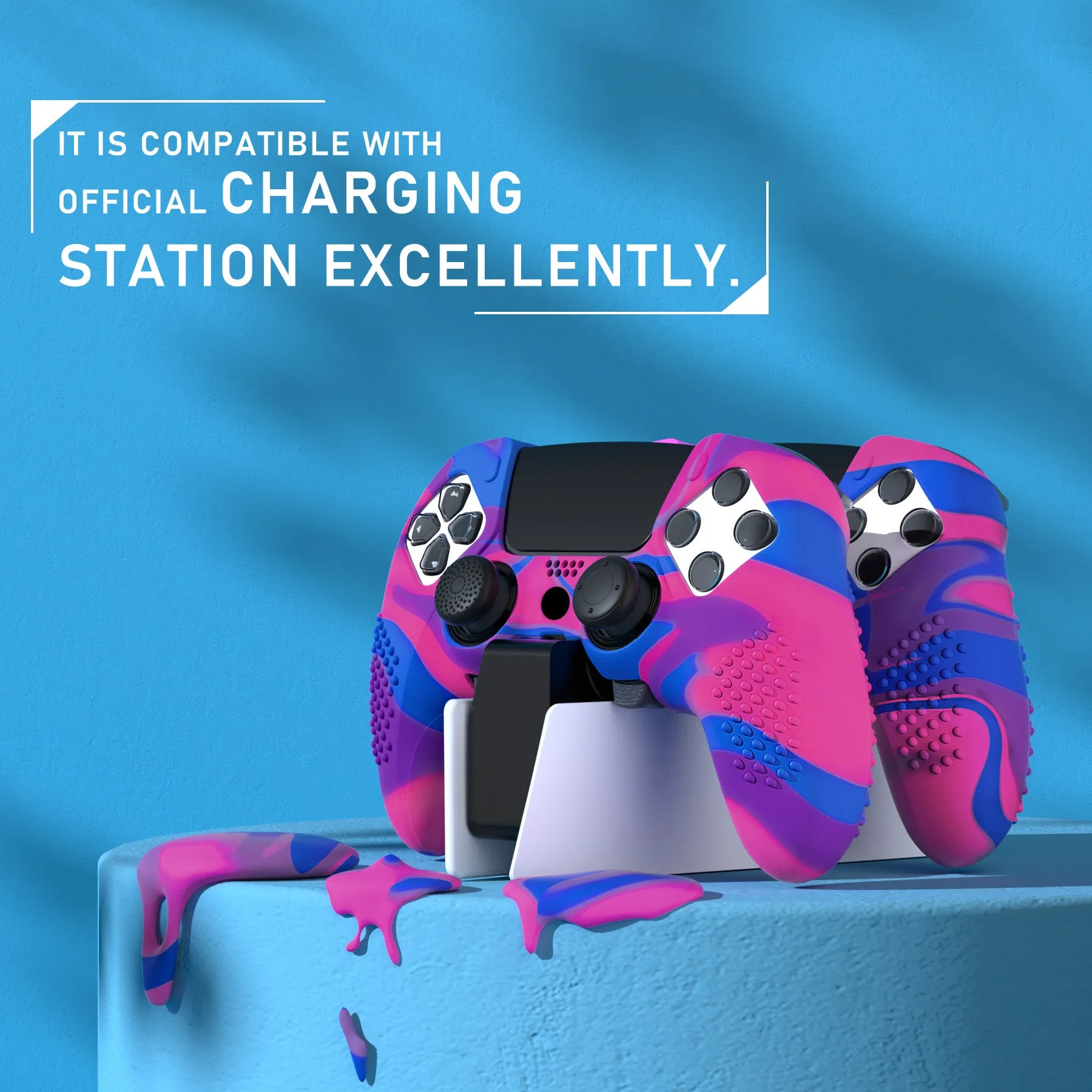 PlayVital 3D Studded Edition Anti-Slip Silicone Cover Case for ps5 Edge Controller, Soft Rubber Protector Skin for ps5 Edge Wireless Controller with 6 Thumb Grip Caps - Pink & Purple & Blue - ETPFP015