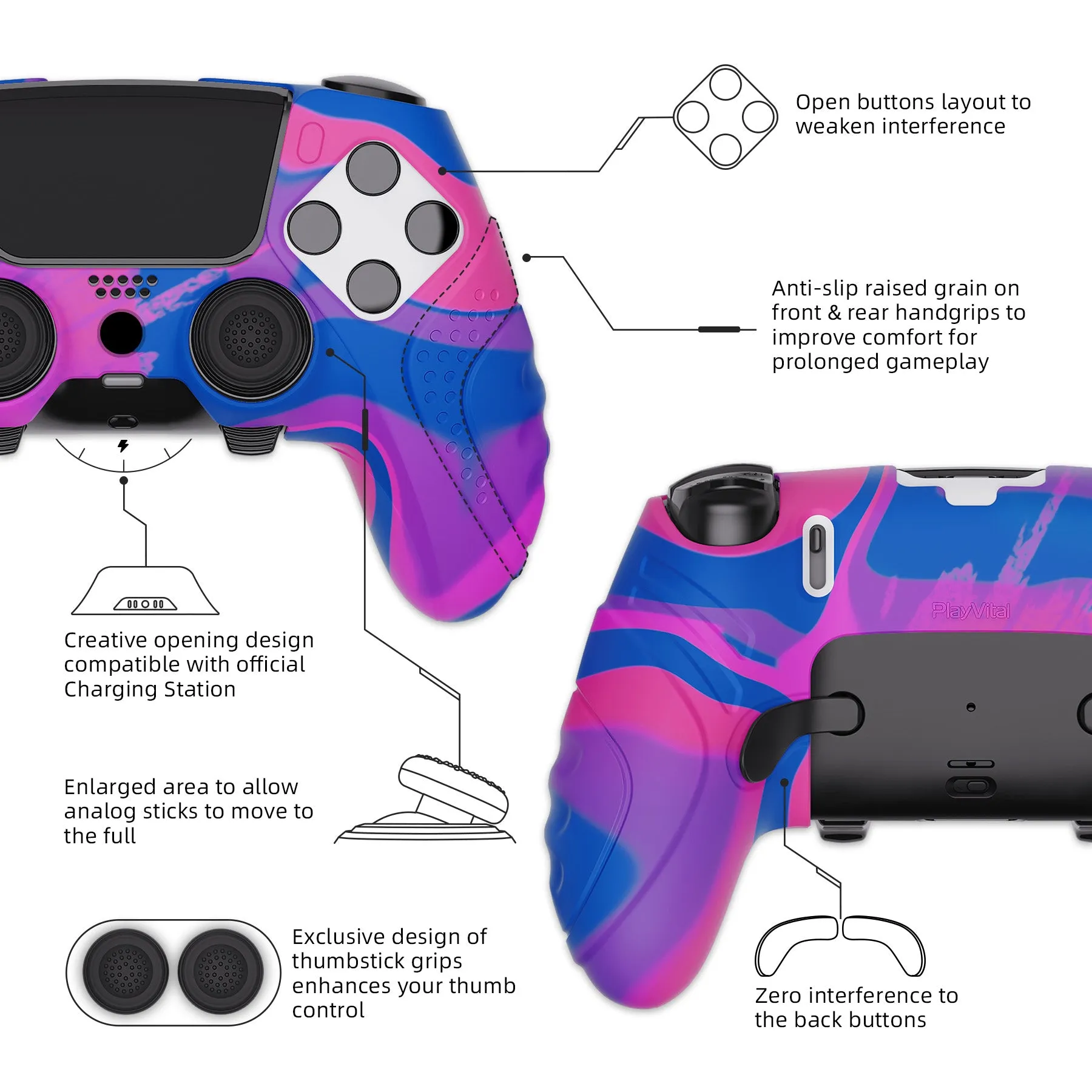 PlayVital Guardian Edition Anti-Slip Ergonomic Silicone Cover Case for ps5 Edge Controller, Soft Rubber Protector Skin for ps5 Edge Wireless Controller with Thumb Grip Caps - Pink & Purple & Blue - EHPFP013