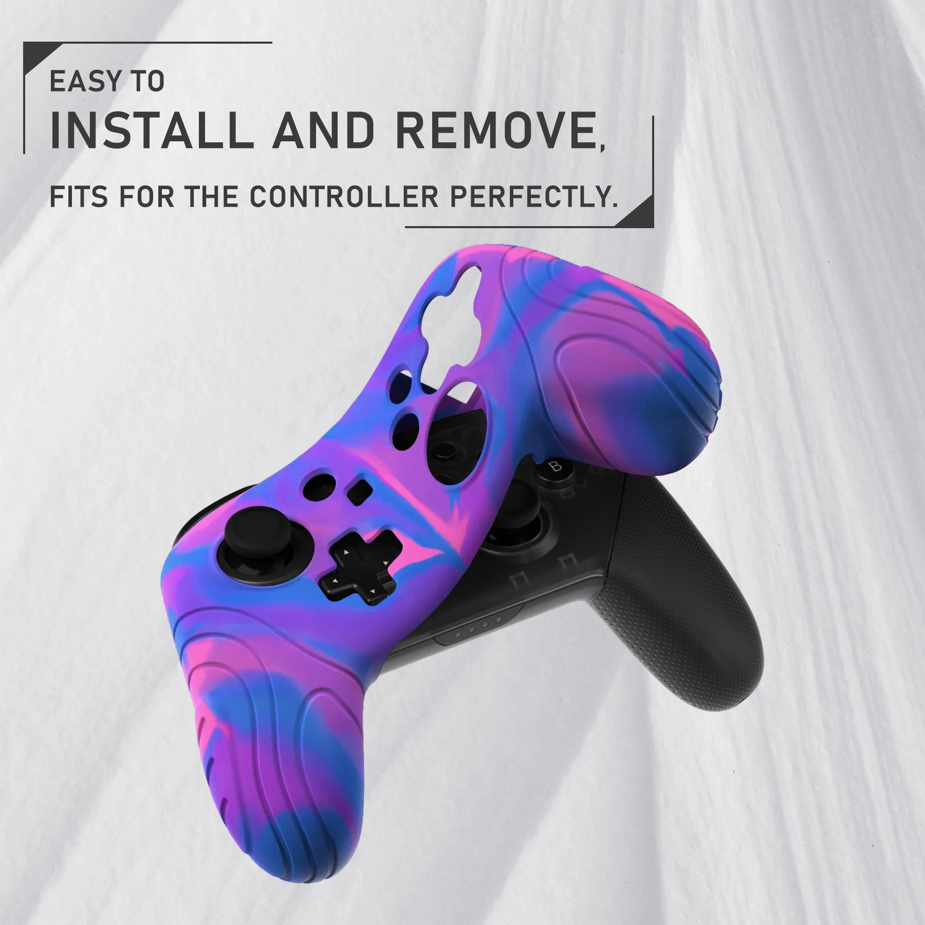 PlayVital Samurai Edition Ergonomic Silicone Skin Protective Case for Nintendo Switch Pro Controller, Soft Anti-slip Controller Grip Protector for Nintendo Switch Pro with Thumb Grip Caps - Pink & Purple & Blue- EBNPP005