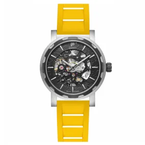 PUNCH Mens Watch, Black & Silver Skeleton Automatic Watch - Yellow Rubber Strap