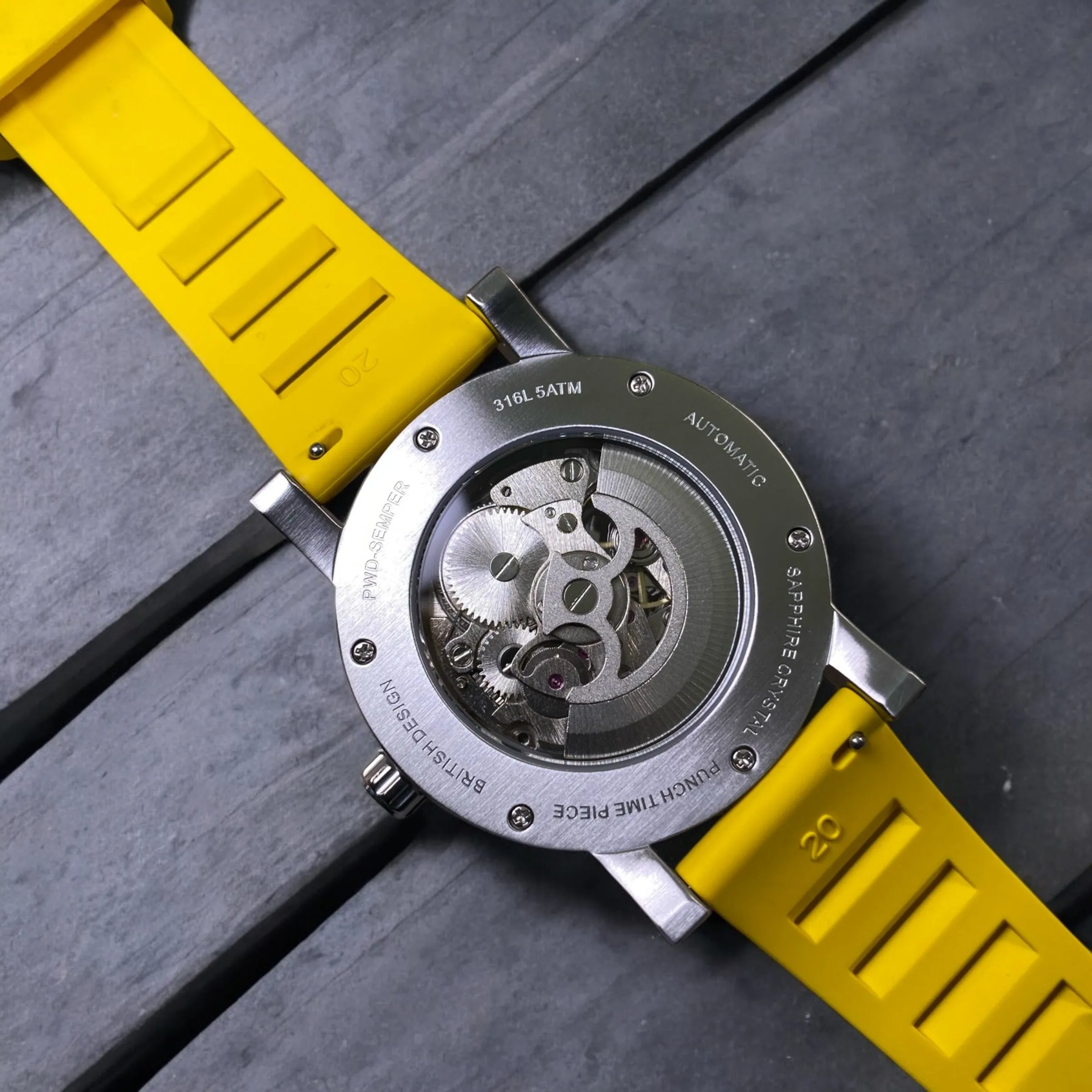 PUNCH Mens Watch, Black & Silver Skeleton Automatic Watch - Yellow Rubber Strap