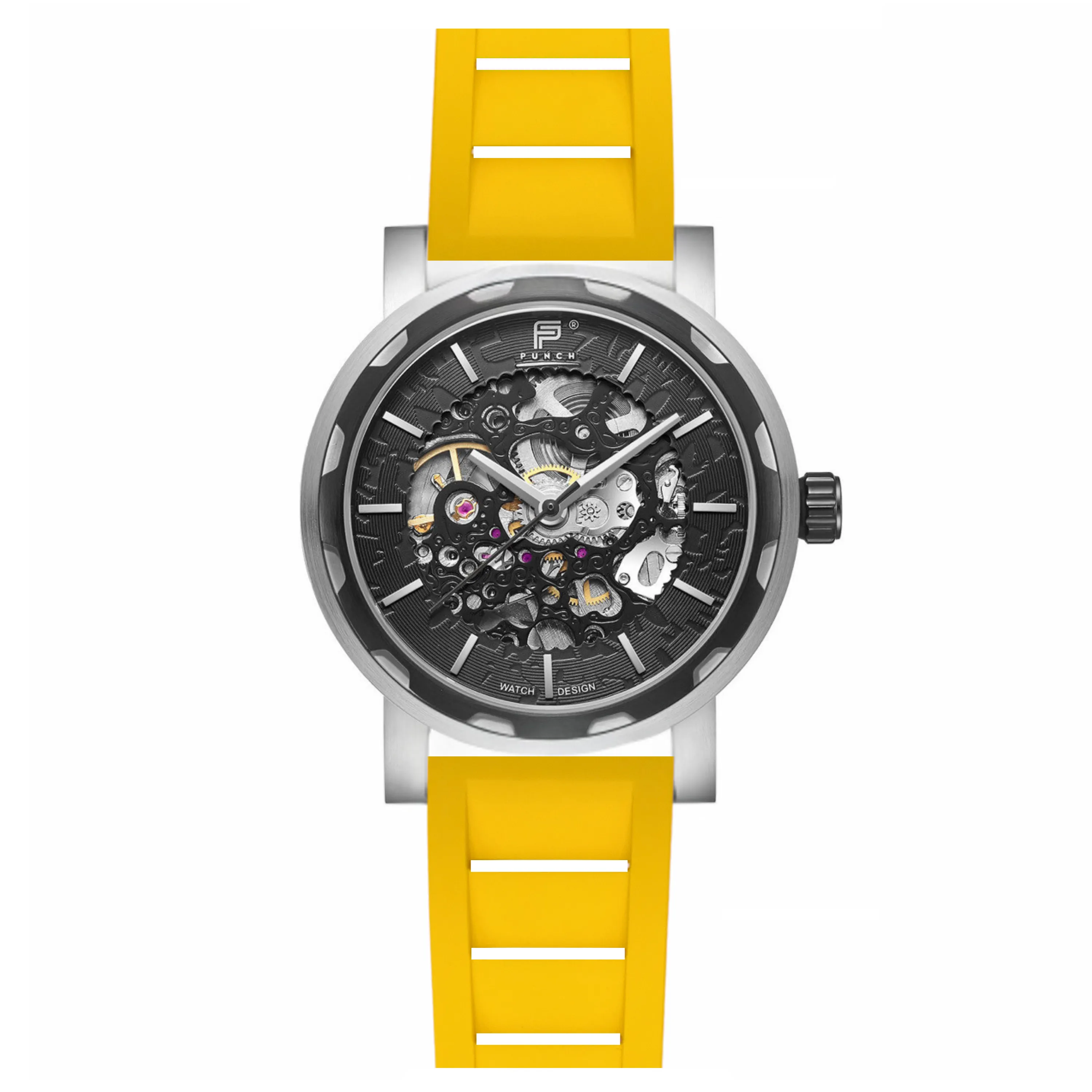 PUNCH Mens Watch, Black & Silver Skeleton Automatic Watch - Yellow Rubber Strap