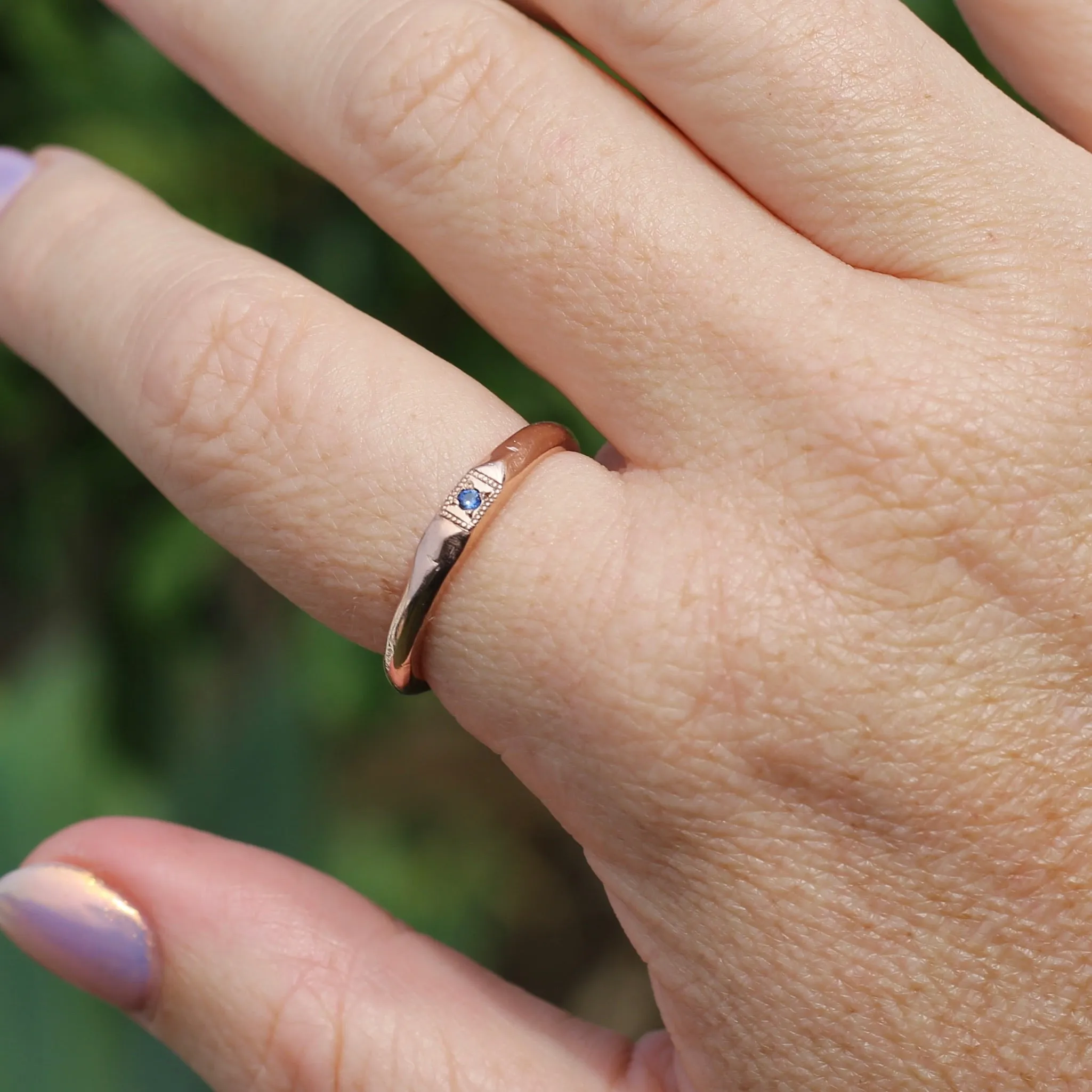 Rustic Handmade Rose Gold Ring with Blue Spinel, 9ct Rose Gold, size T or 9.5