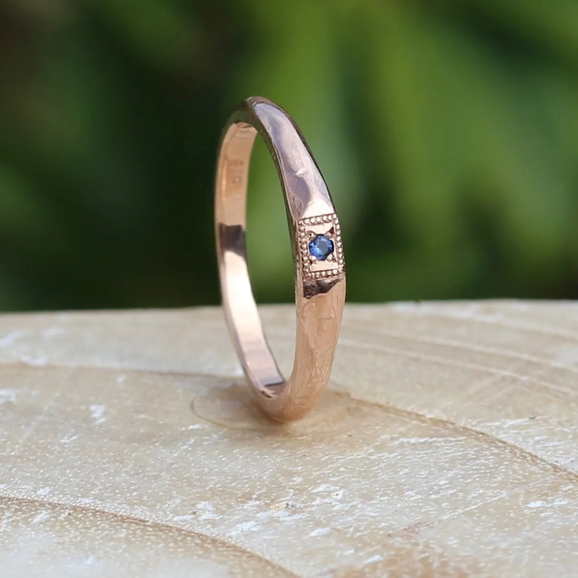 Rustic Handmade Rose Gold Ring with Blue Spinel, 9ct Rose Gold, size T or 9.5