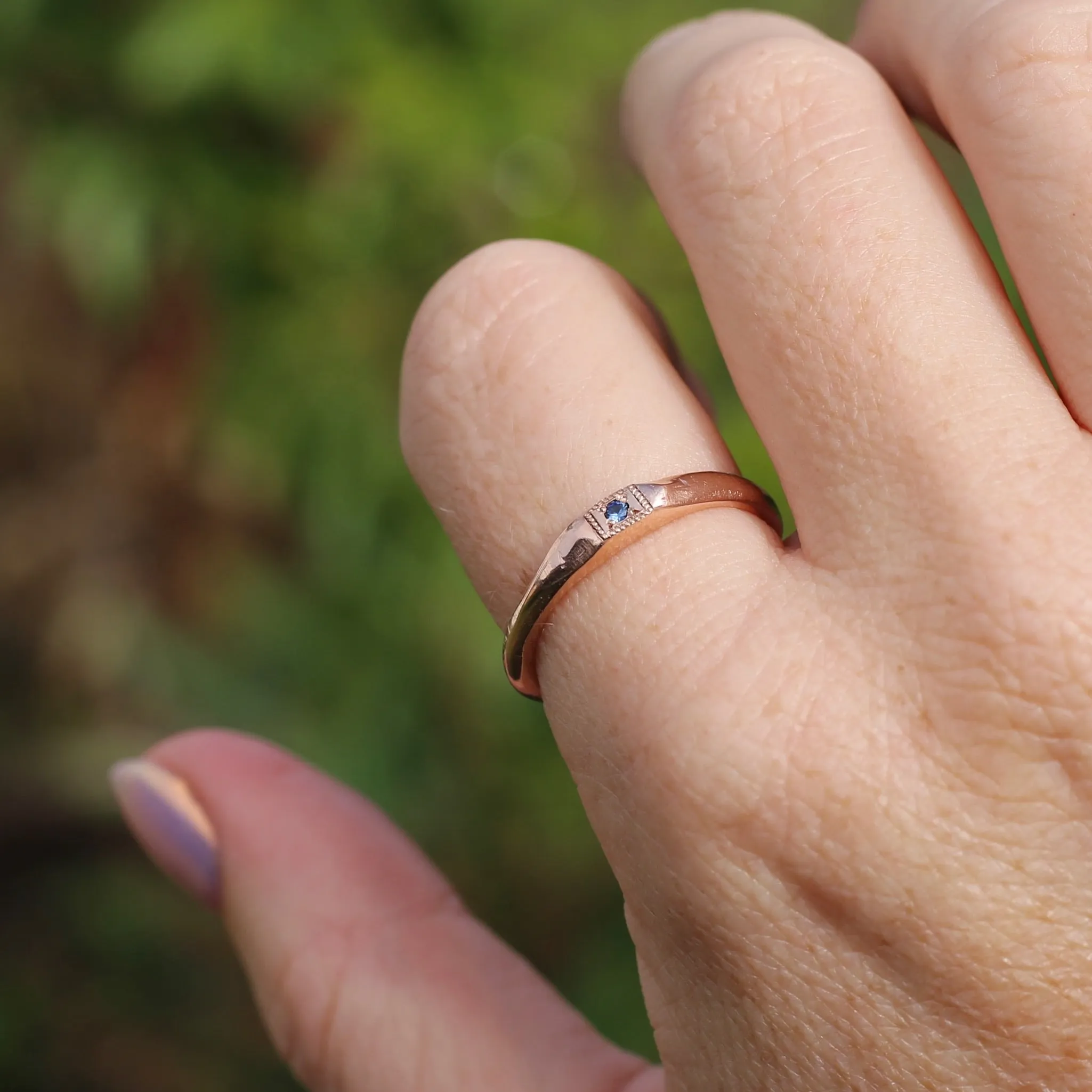 Rustic Handmade Rose Gold Ring with Blue Spinel, 9ct Rose Gold, size T or 9.5