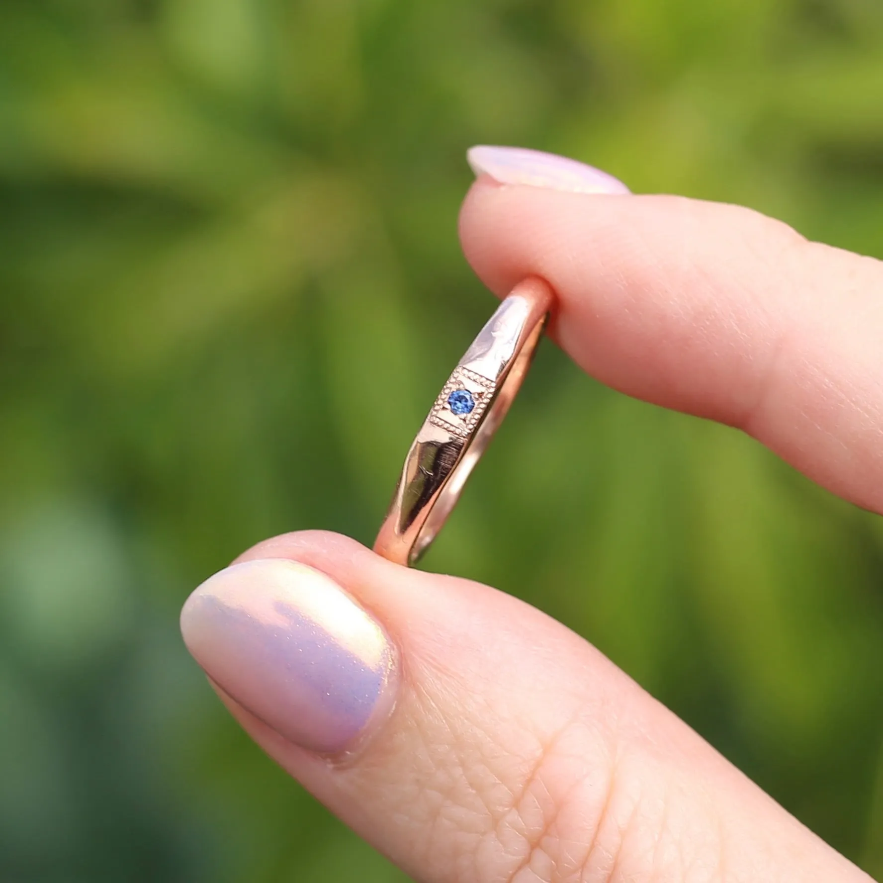 Rustic Handmade Rose Gold Ring with Blue Spinel, 9ct Rose Gold, size T or 9.5