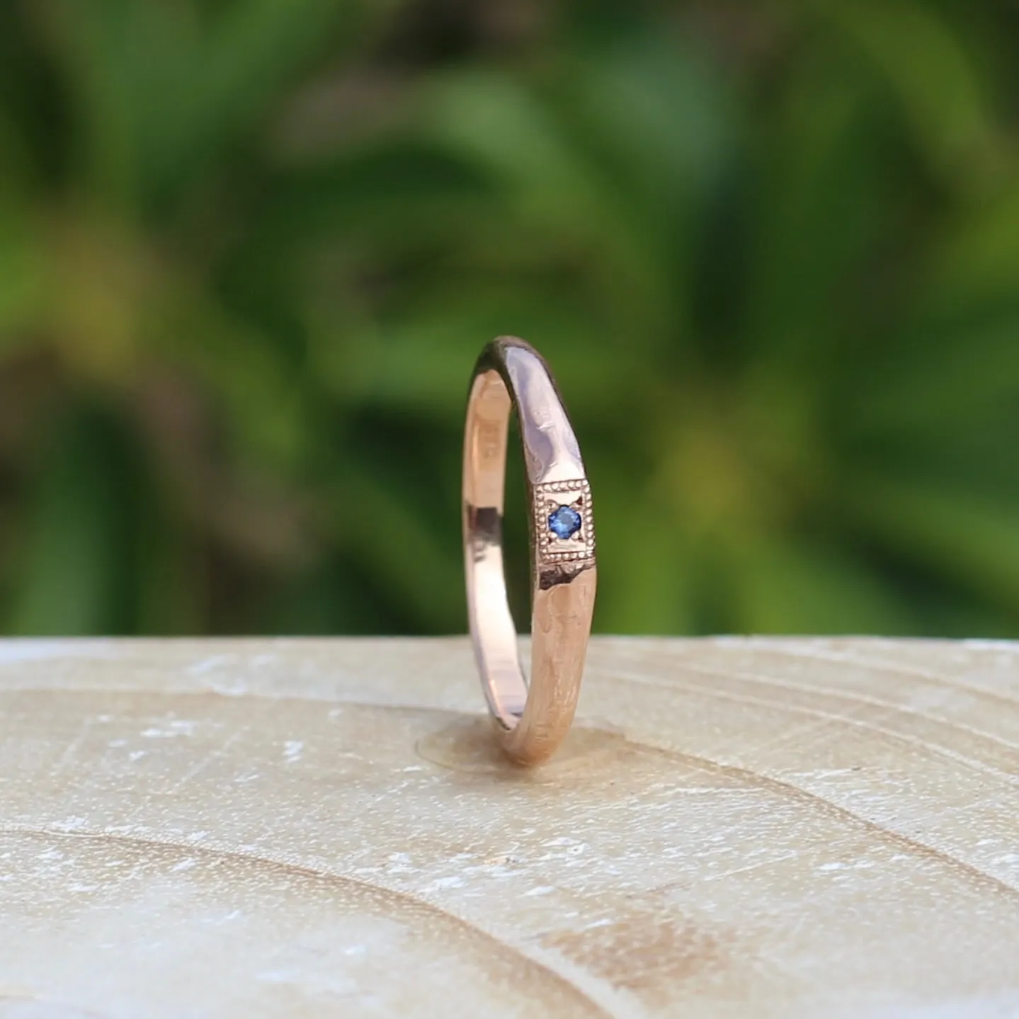 Rustic Handmade Rose Gold Ring with Blue Spinel, 9ct Rose Gold, size T or 9.5