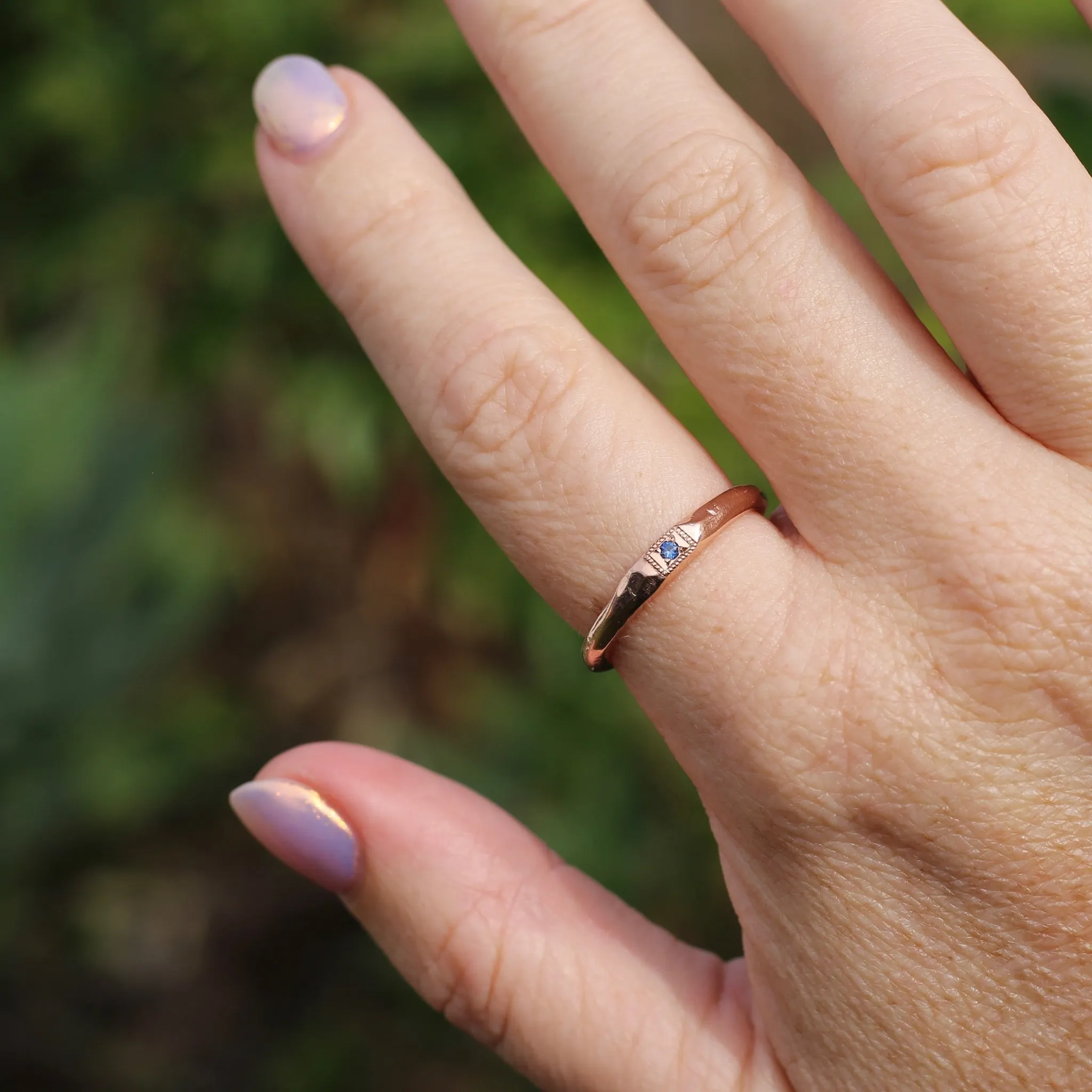 Rustic Handmade Rose Gold Ring with Blue Spinel, 9ct Rose Gold, size T or 9.5