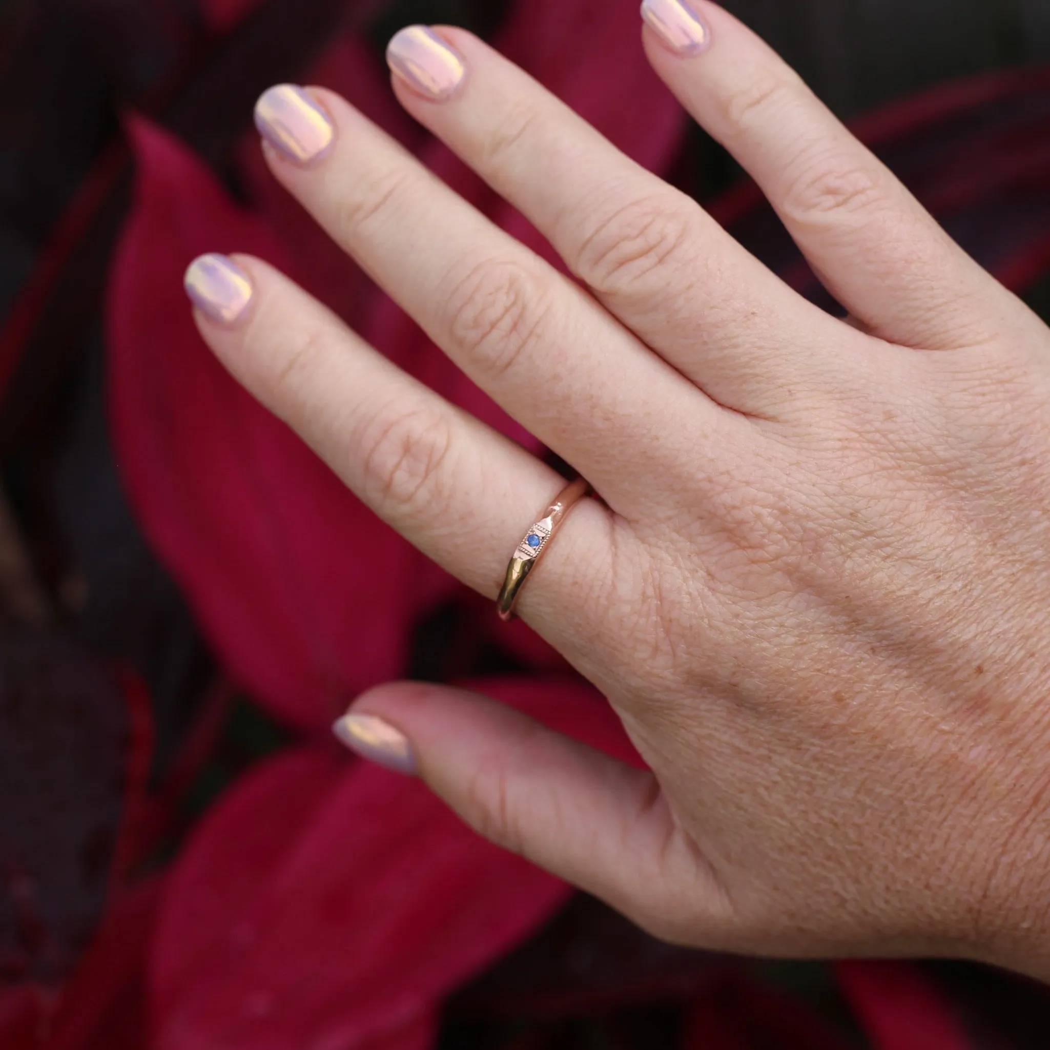 Rustic Handmade Rose Gold Ring with Blue Spinel, 9ct Rose Gold, size T or 9.5