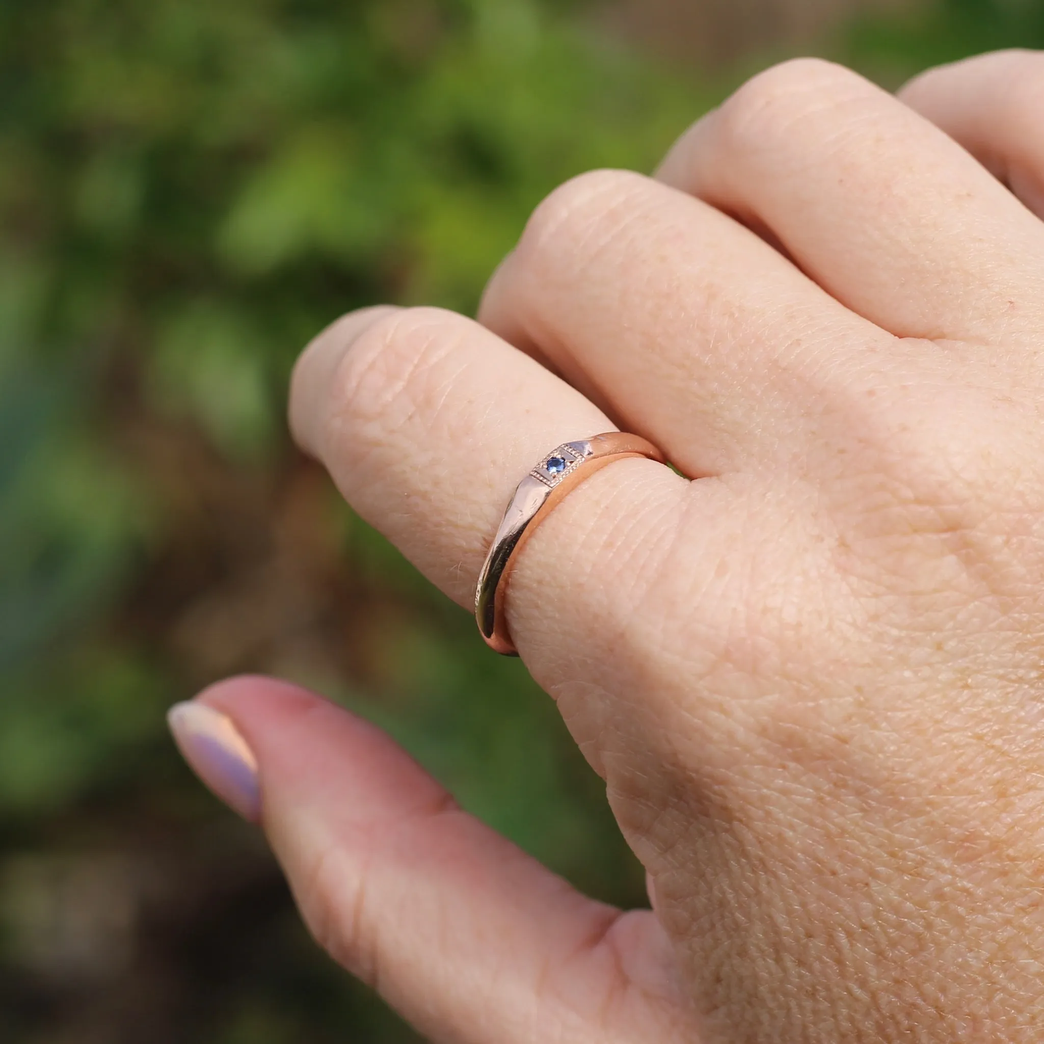 Rustic Handmade Rose Gold Ring with Blue Spinel, 9ct Rose Gold, size T or 9.5