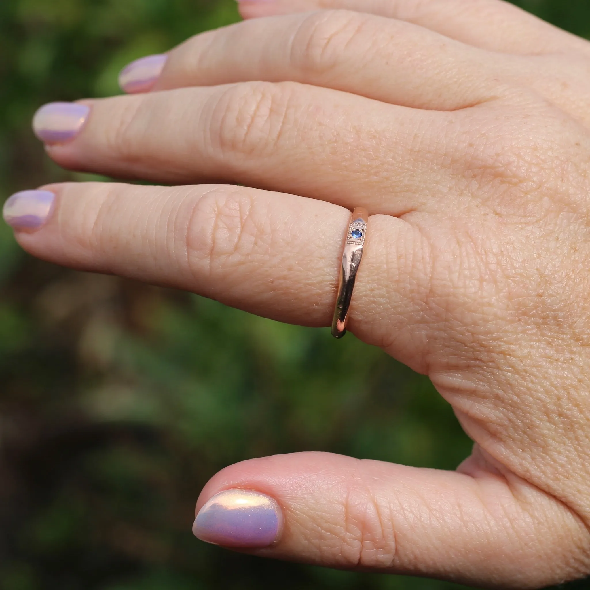 Rustic Handmade Rose Gold Ring with Blue Spinel, 9ct Rose Gold, size T or 9.5